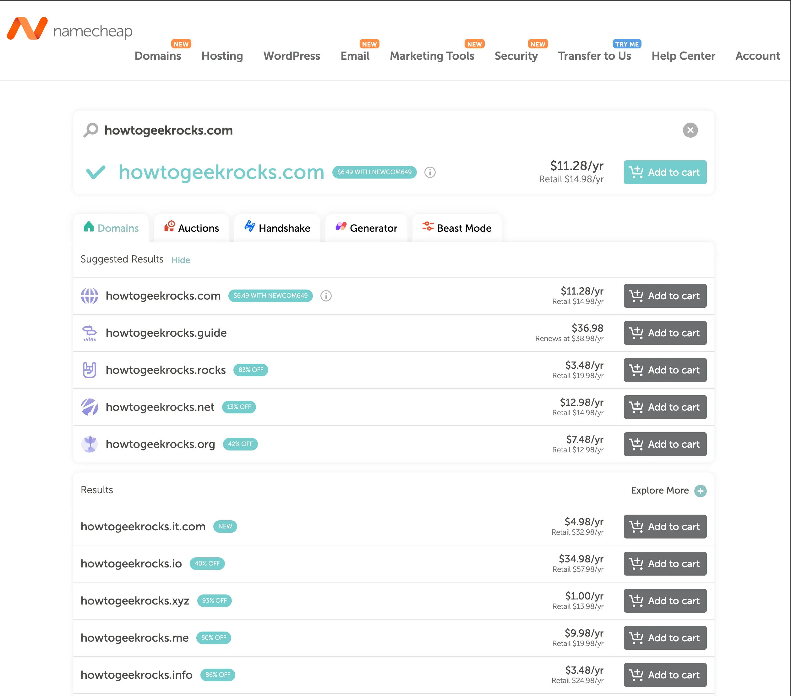 Giao diện đăng ký tên miền Namecheap, minh họa tìm kiếm và chọn tên miền &quot;howtogeekrocks.com&quot;.