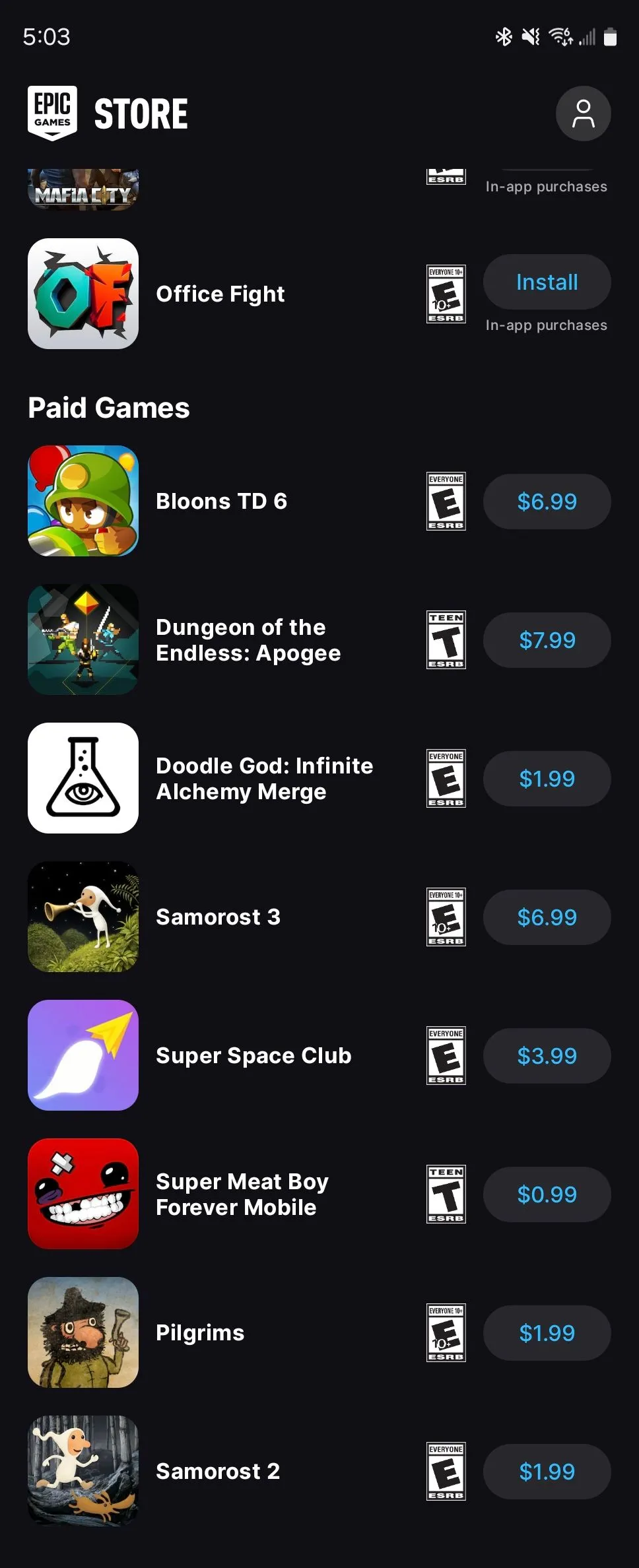 Giao diện Epic Games Store trên thiết bị Android, trình bày các tựa game mới và nổi bật, thể hiện tiềm năng phát triển của nền tảng game này.