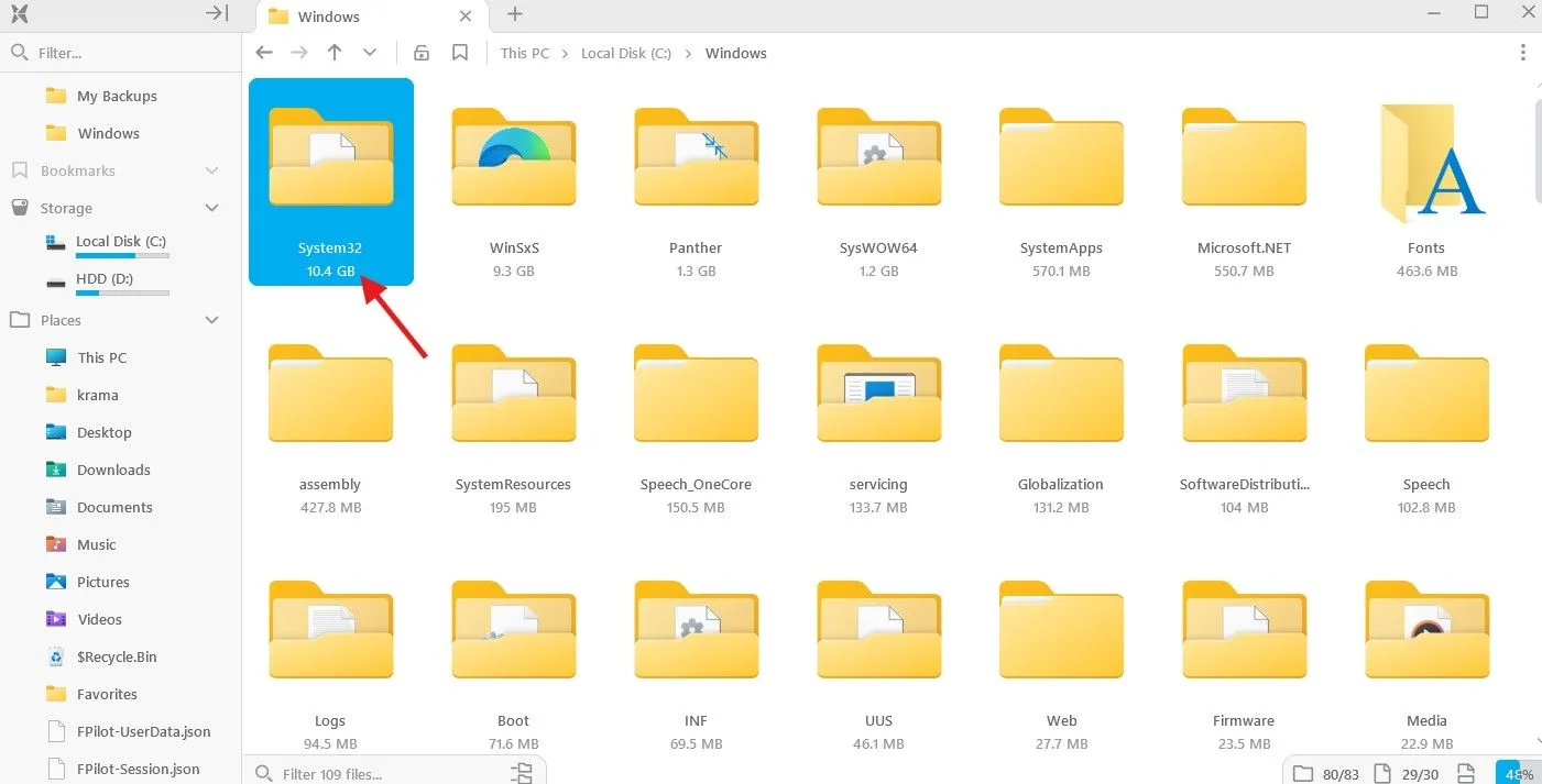 Giao diện File Pilot hiển thị trực tiếp kích thước của các thư mục và tệp, một tính năng tiện lợi giúp người dùng dễ dàng quản lý dung lượng.