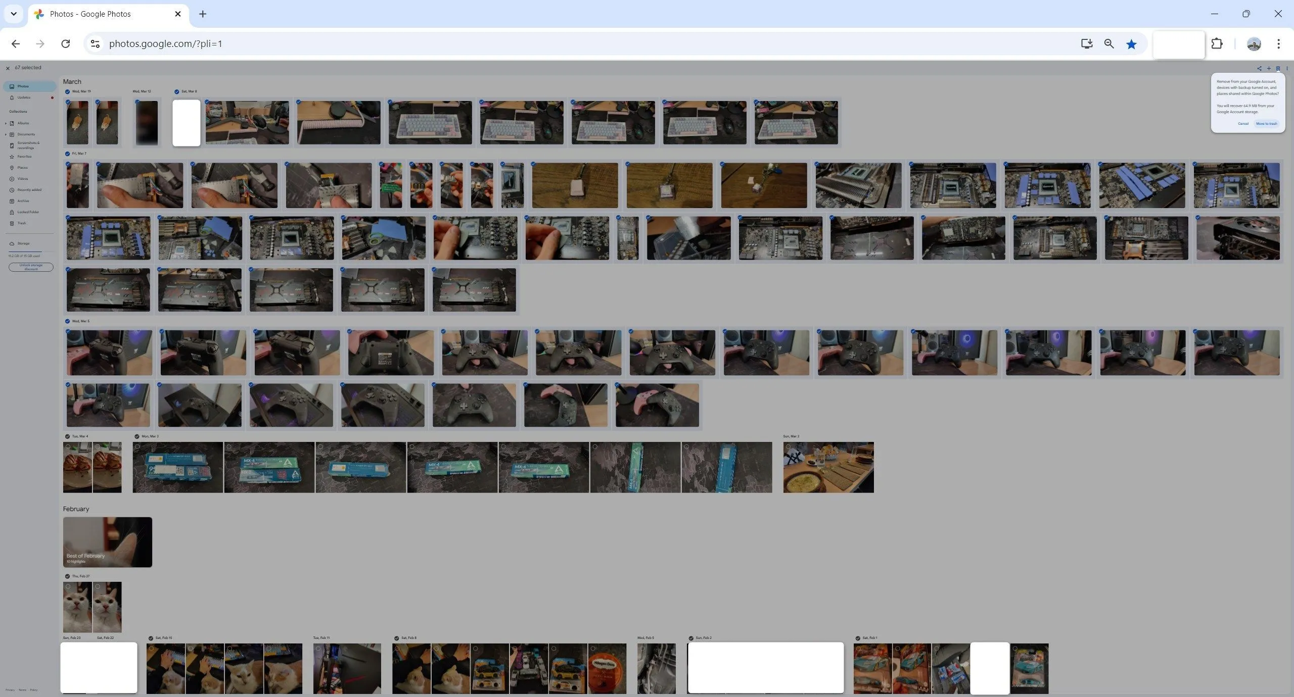 Giao diện Google Photos trên máy tính hiển thị cách chọn và xóa nhiều ảnh cùng lúc.