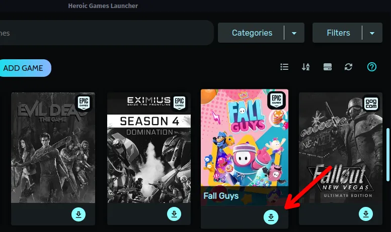 Giao diện Heroic Games Launcher với nút 'Install' (Cài đặt) của game Fall Guys.