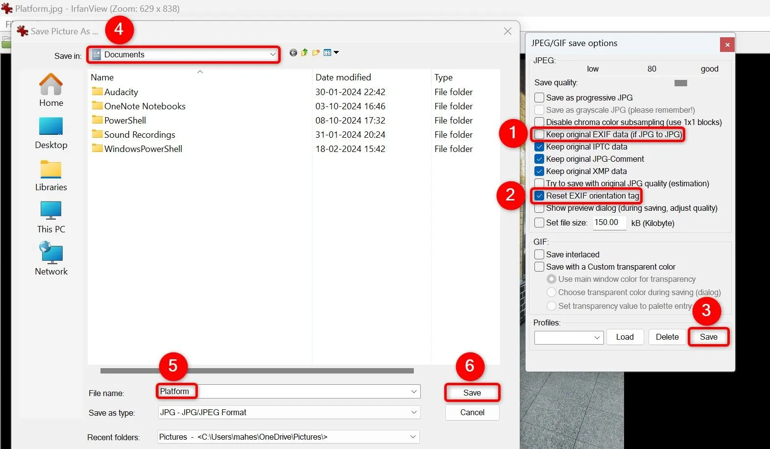 Giao diện IrfanView hiển thị cửa sổ &quot;Save Options&quot; với các tùy chọn để bỏ chọn &quot;Keep Original EXIF Data&quot; và kích hoạt &quot;Reset EXIF Orientation Tag&quot;, cùng với nút &quot;Save&quot; được làm nổi bật.
