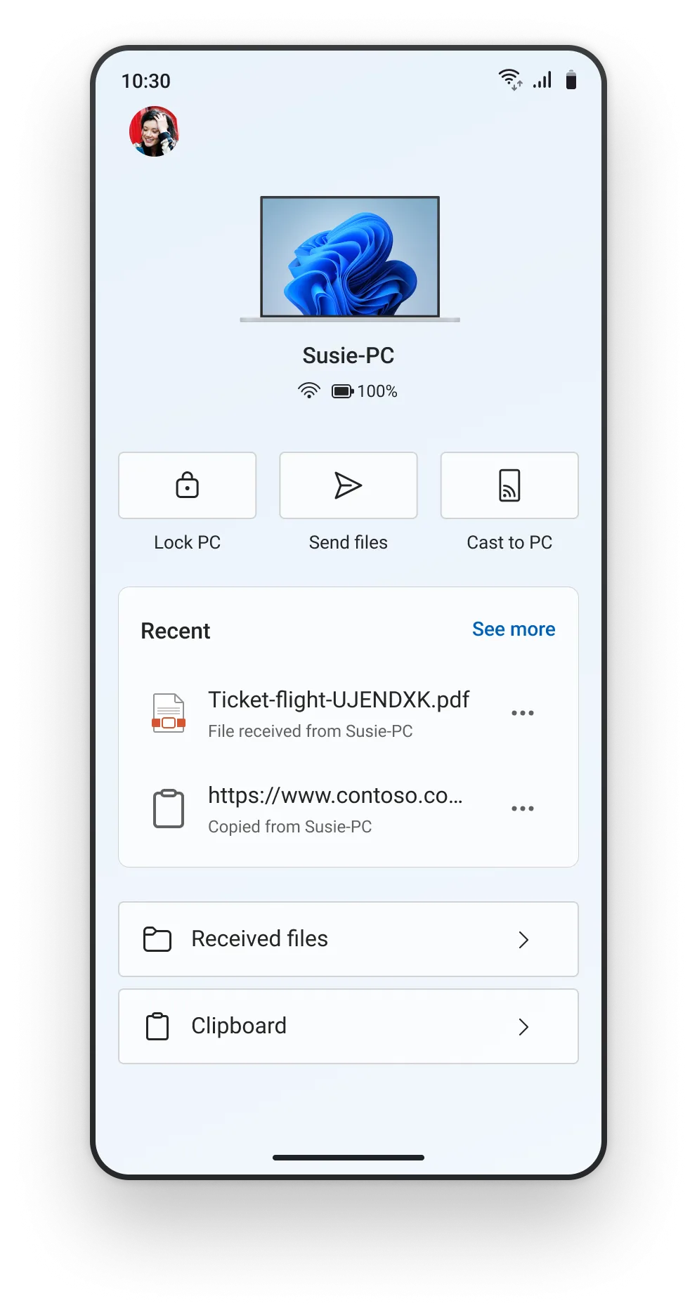 Giao diện mới của ứng dụng Link to Windows trên điện thoại Android, hiển thị các tùy chọn truy cập và điều khiển PC