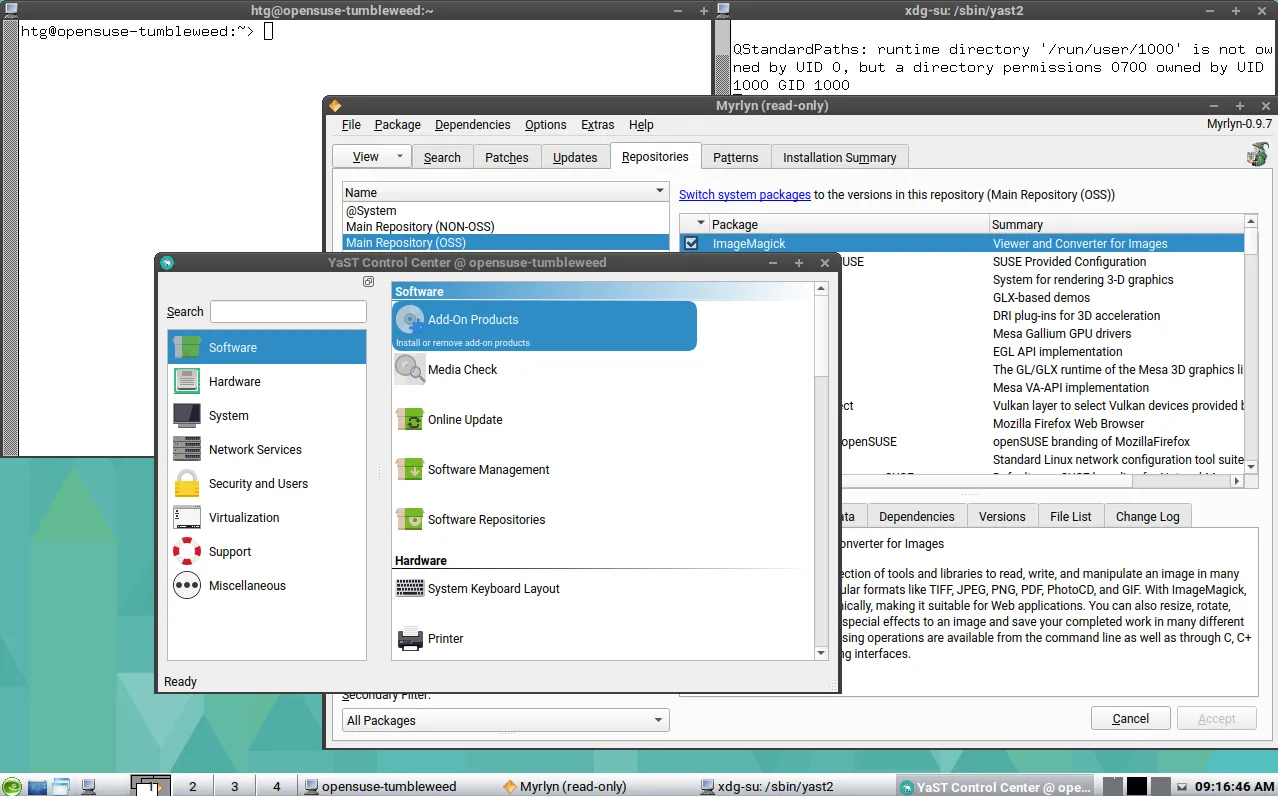 Giao diện môi trường desktop IceWM tối giản chạy trên openSUSE, với một số ứng dụng đang mở.