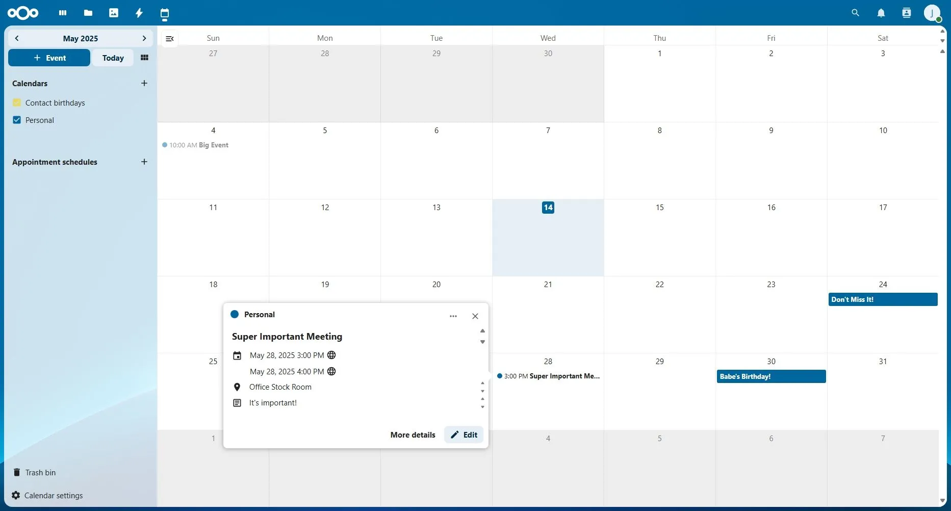 Giao diện Nextcloud Calendar hiển thị lịch trình và sự kiện được tổ chức rõ ràng