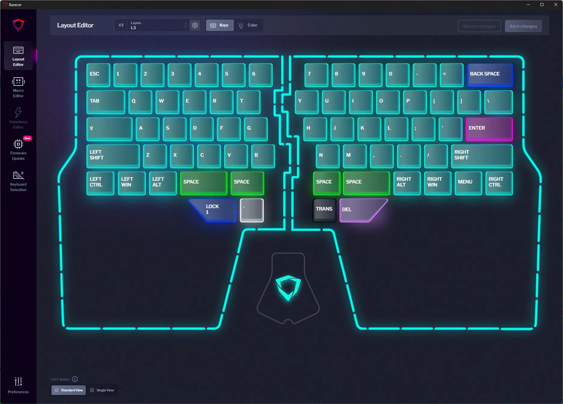 Giao diện phần mềm Bazecor hiển thị lớp (layer) thứ ba của bàn phím Dygma Raise, được tối ưu hóa đặc biệt cho trải nghiệm chơi game.