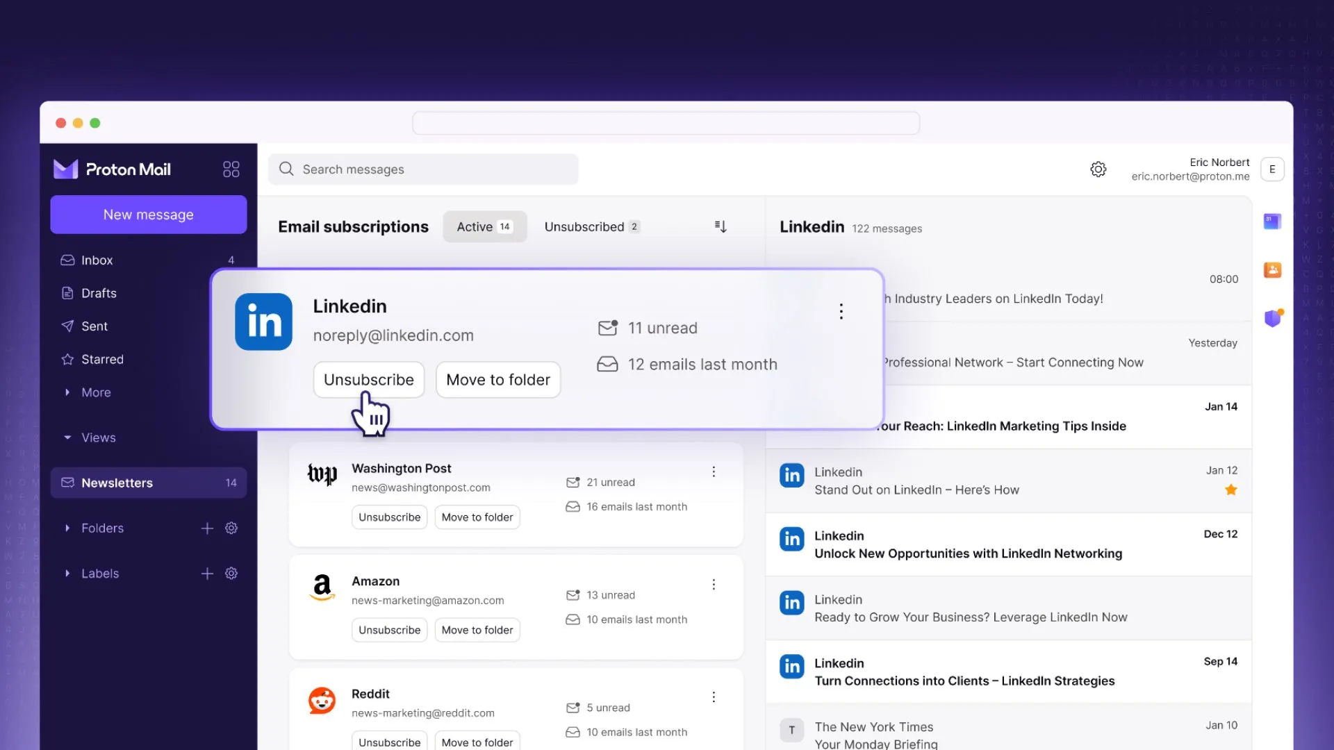 Giao diện Proton Mail trên thiết bị di động hiển thị tính năng Newsletter View với các email đăng ký được tổ chức gọn gàng và nút hủy đăng ký lớn
