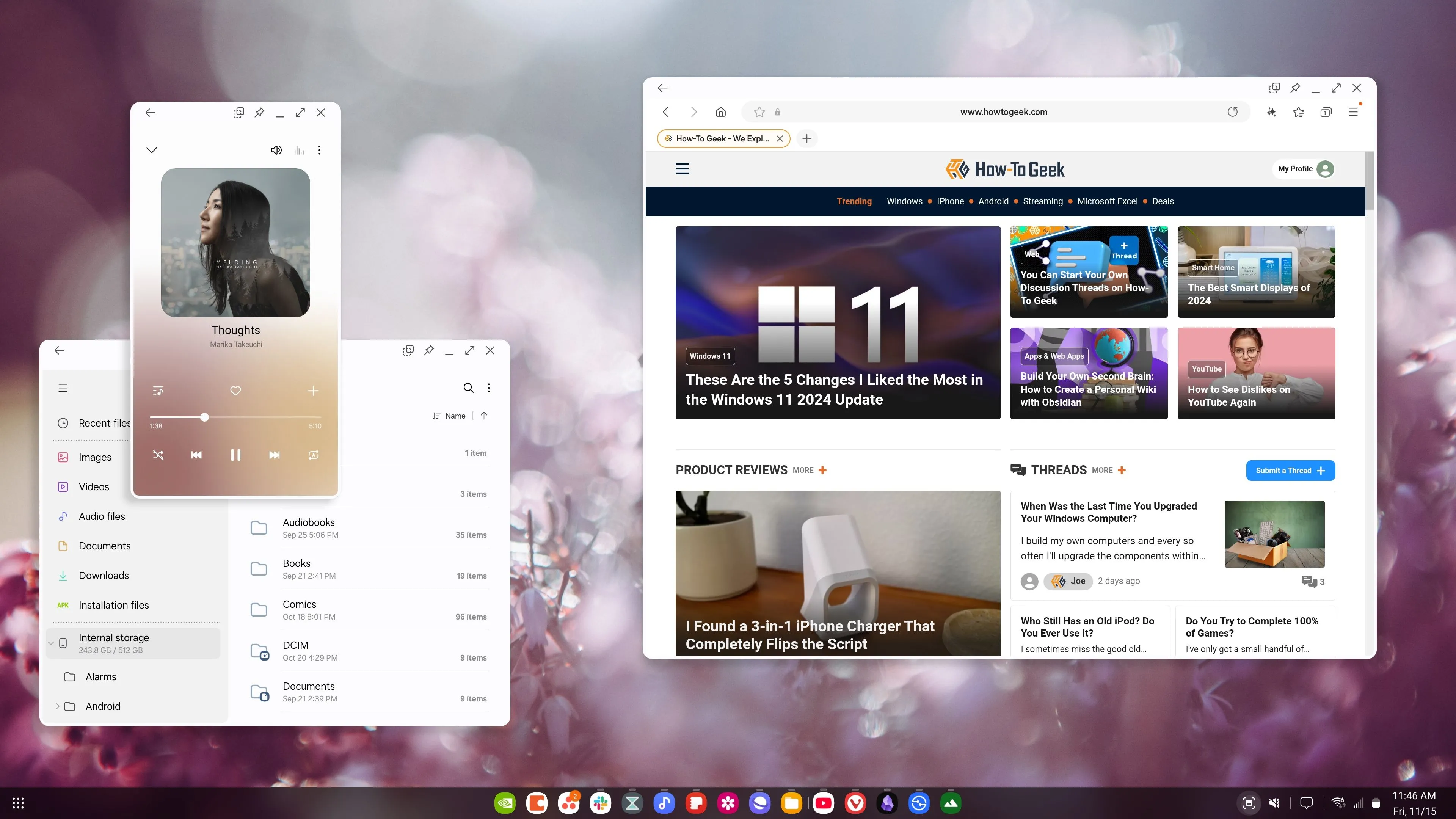 Giao diện Samsung DeX trên màn hình ngoài, hiển thị nhiều ứng dụng đang chạy như trên máy tính để bàn.