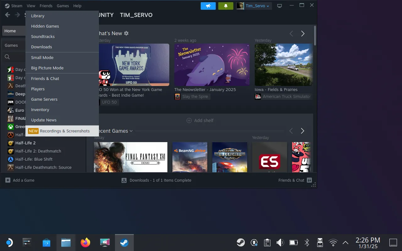 Giao diện Steam trong Chế độ Desktop của Steam Deck, hiển thị thư viện ảnh chụp màn hình và bản ghi game, cho phép quản lý dễ dàng hơn so với Chế độ Game.