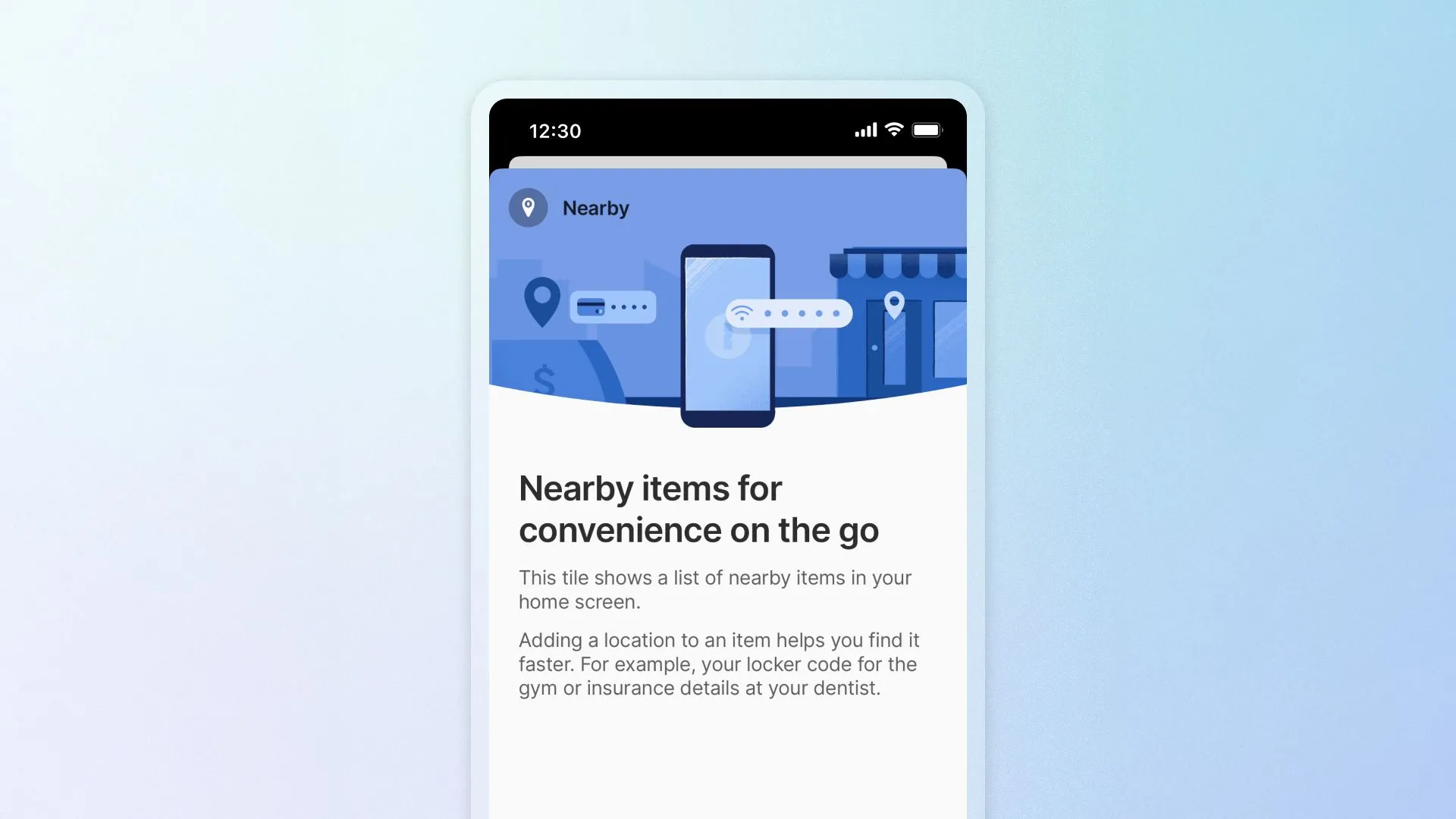 Giao diện tính năng &quot;Nearby Items&quot; trên ứng dụng 1Password