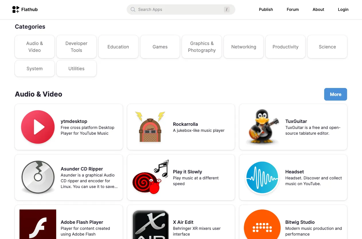 Giao diện trang web Flathub, một kho ứng dụng phổ biến cho các bản phân phối Linux, để tìm kiếm và cài đặt phần mềm.
