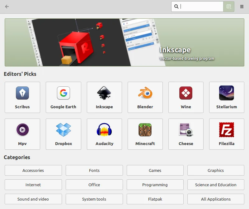 Giao diện Trình quản lý Phần mềm (Software Manager) của Linux Mint, hiển thị kho ứng dụng miễn phí và dễ cài đặt.