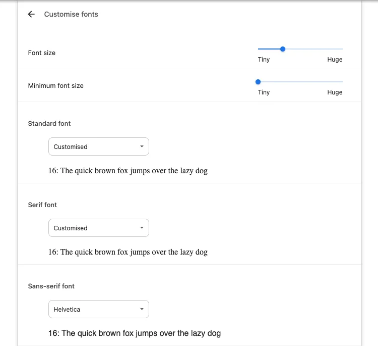 Giao diện tùy chỉnh cài đặt font chữ trong trình duyệt Google Chrome