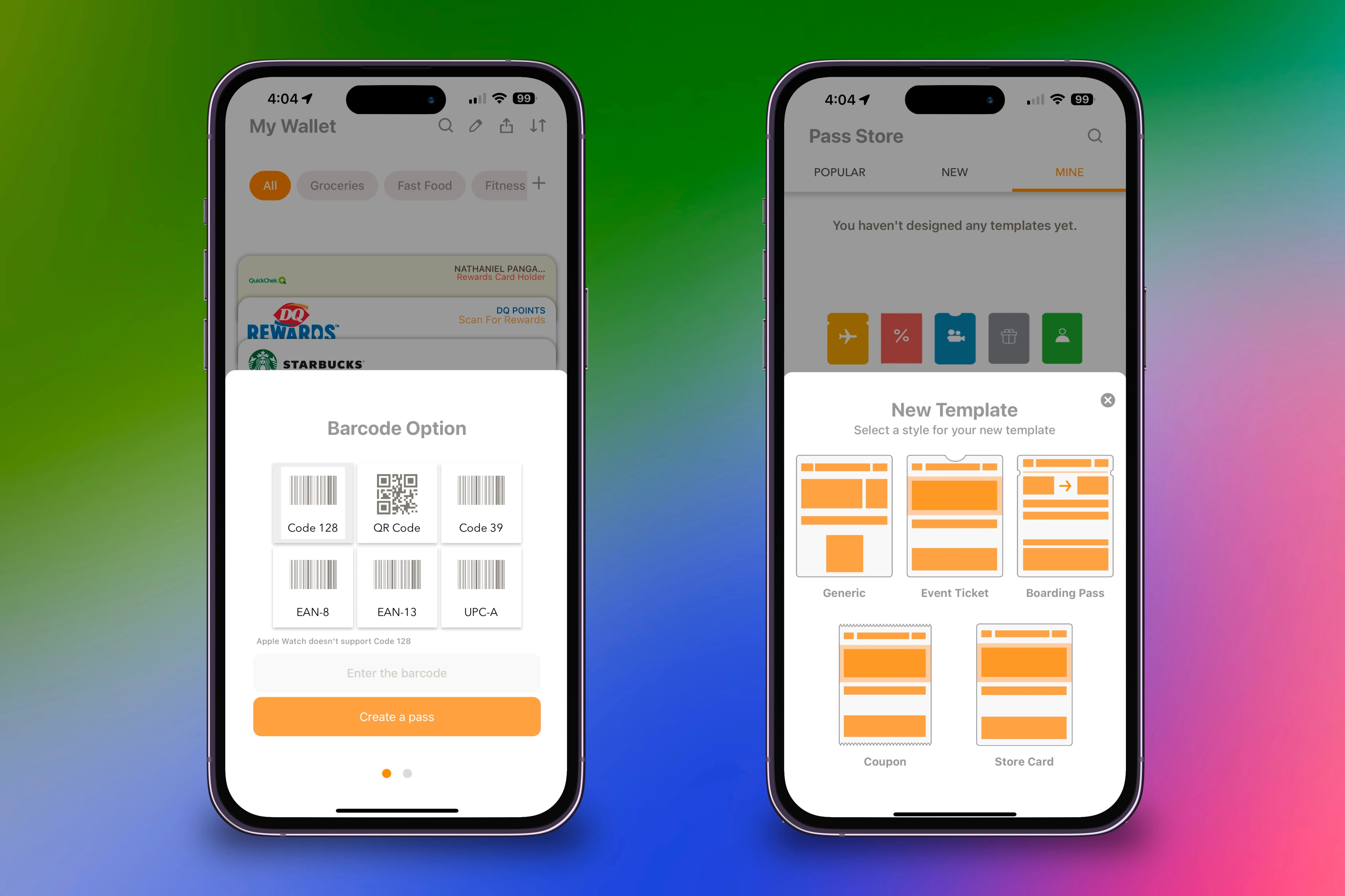 Giao diện tùy chọn mã vạch và mẫu thẻ mới trong ứng dụng Pass2U Wallet trên hai chiếc iPhone, giúp tạo thẻ kỹ thuật số đa dạng.