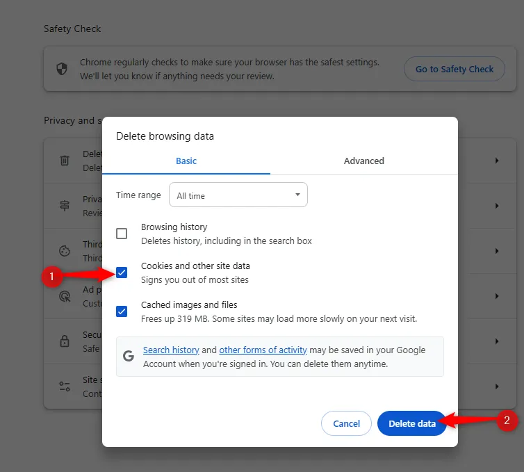 Giao diện tùy chọn &quot;Xóa dữ liệu duyệt web&quot; trong Chrome, hiển thị ô chọn &quot;Cookie và dữ liệu trang web khác&quot; trước khi xóa.