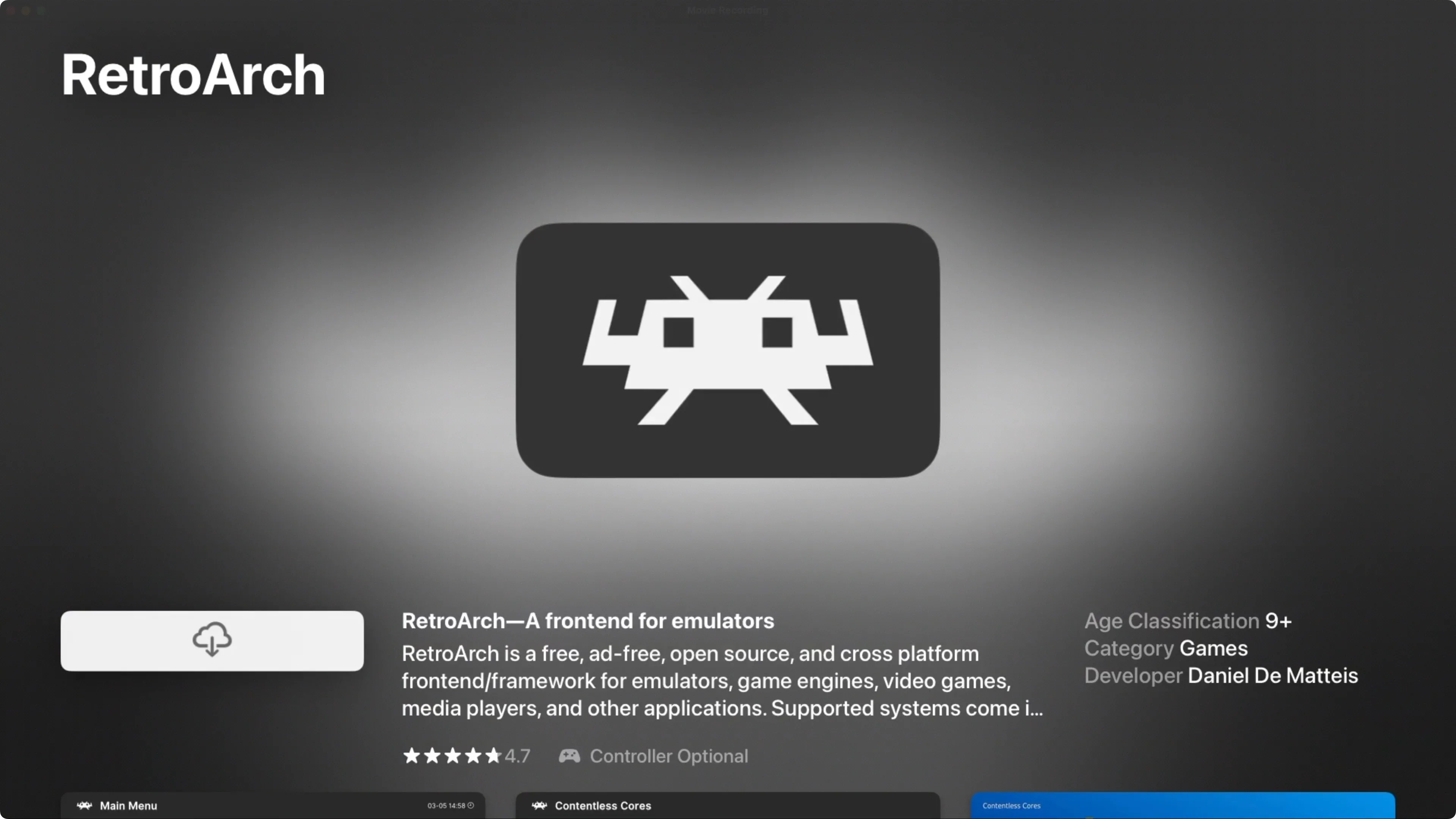 Giao diện ứng dụng RetroArch trên App Store của tvOS