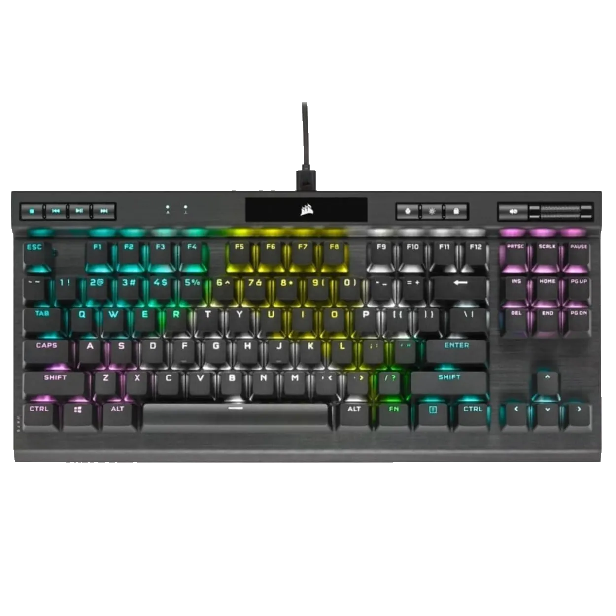 Góc nhìn khác của bàn phím cơ Corsair K70 RGB TKL, làm nổi bật thiết kế khung nhôm bền bỉ và các phím chức năng đa phương tiện, phù hợp cho gaming.