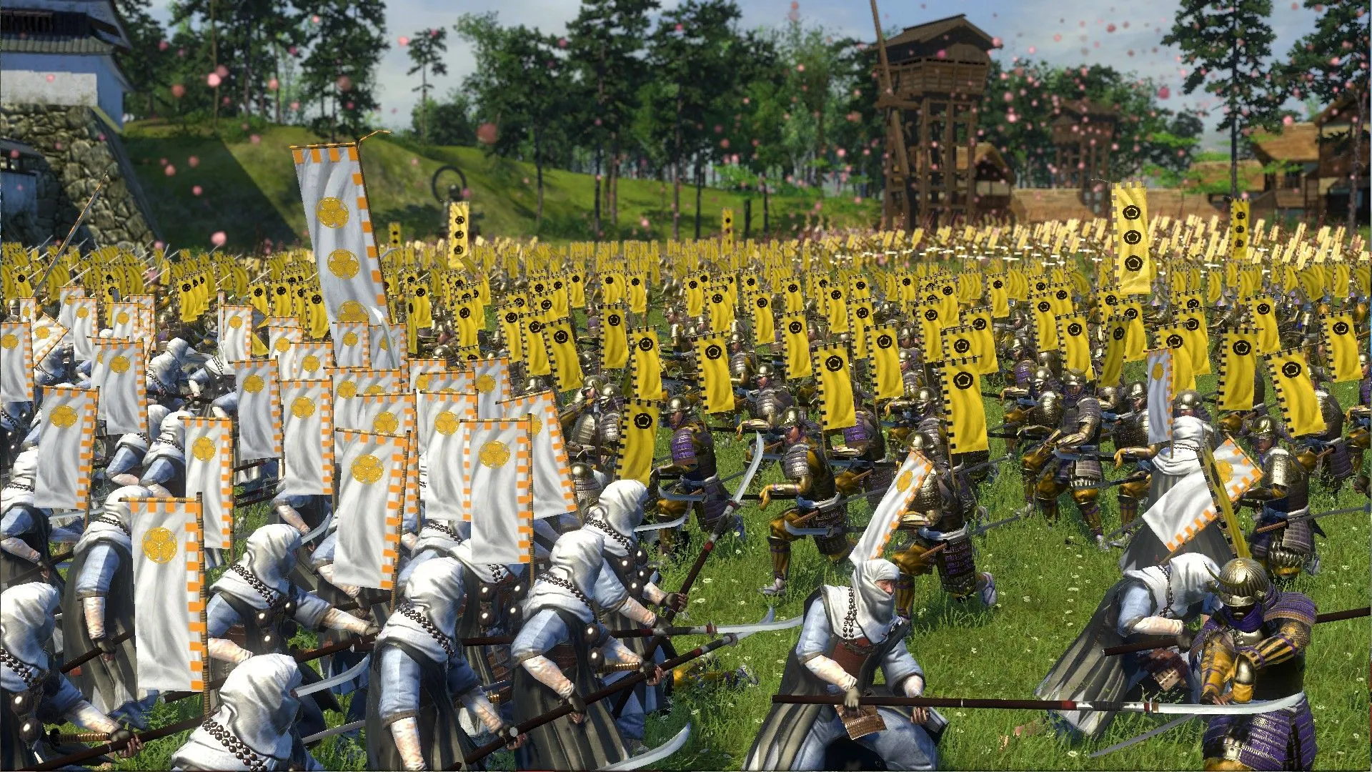 Hai đội quân đang giao tranh bằng vũ khí trong Total War Shogun 2, mô tả trận chiến thời phong kiến Nhật Bản