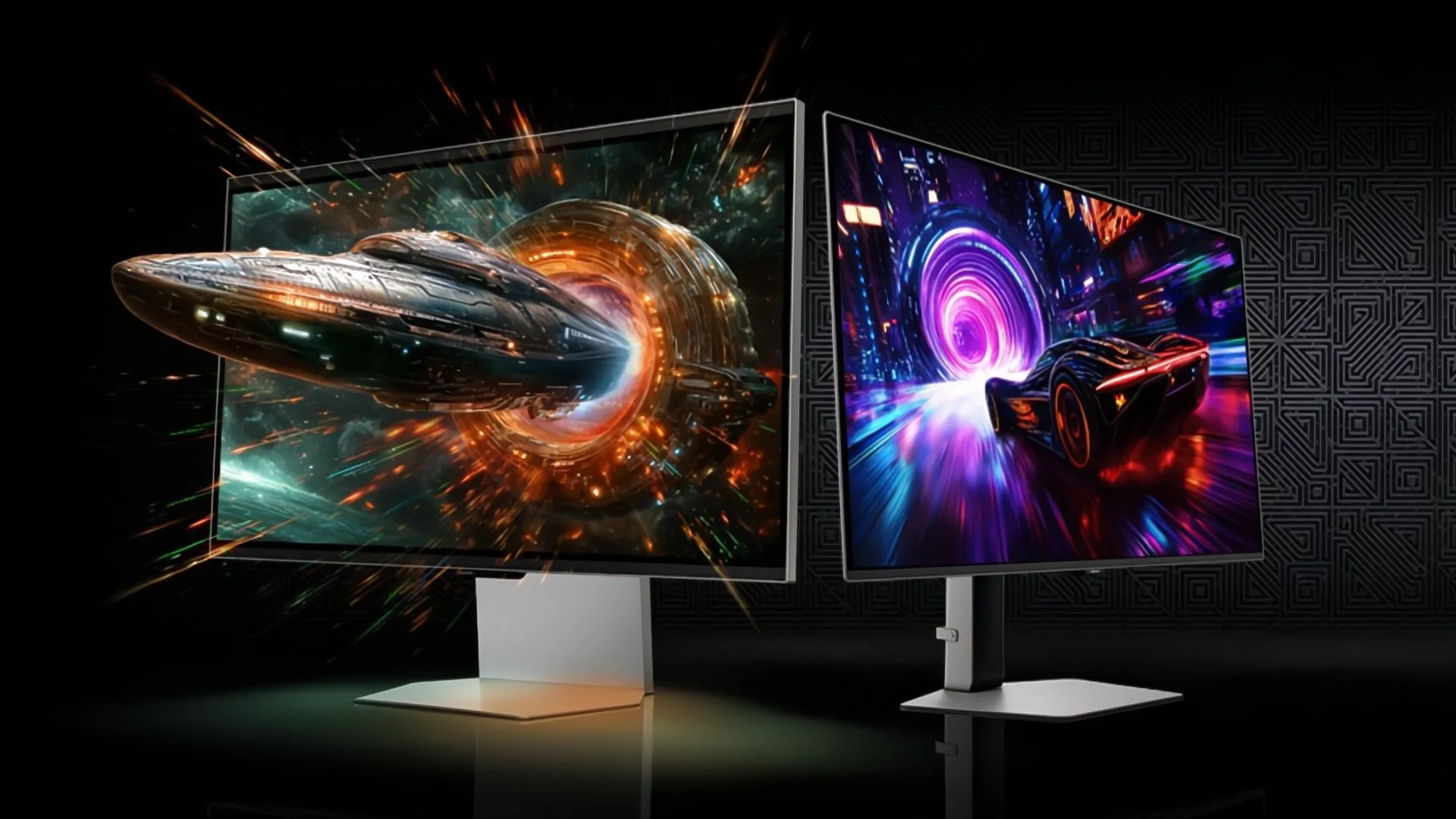 Hai màn hình Samsung Odyssey 2025: Odyssey OLED G8 đang hiển thị game đua xe và Odyssey 3D G9 đang hiển thị tàu vũ trụ bay ra khỏi màn hình