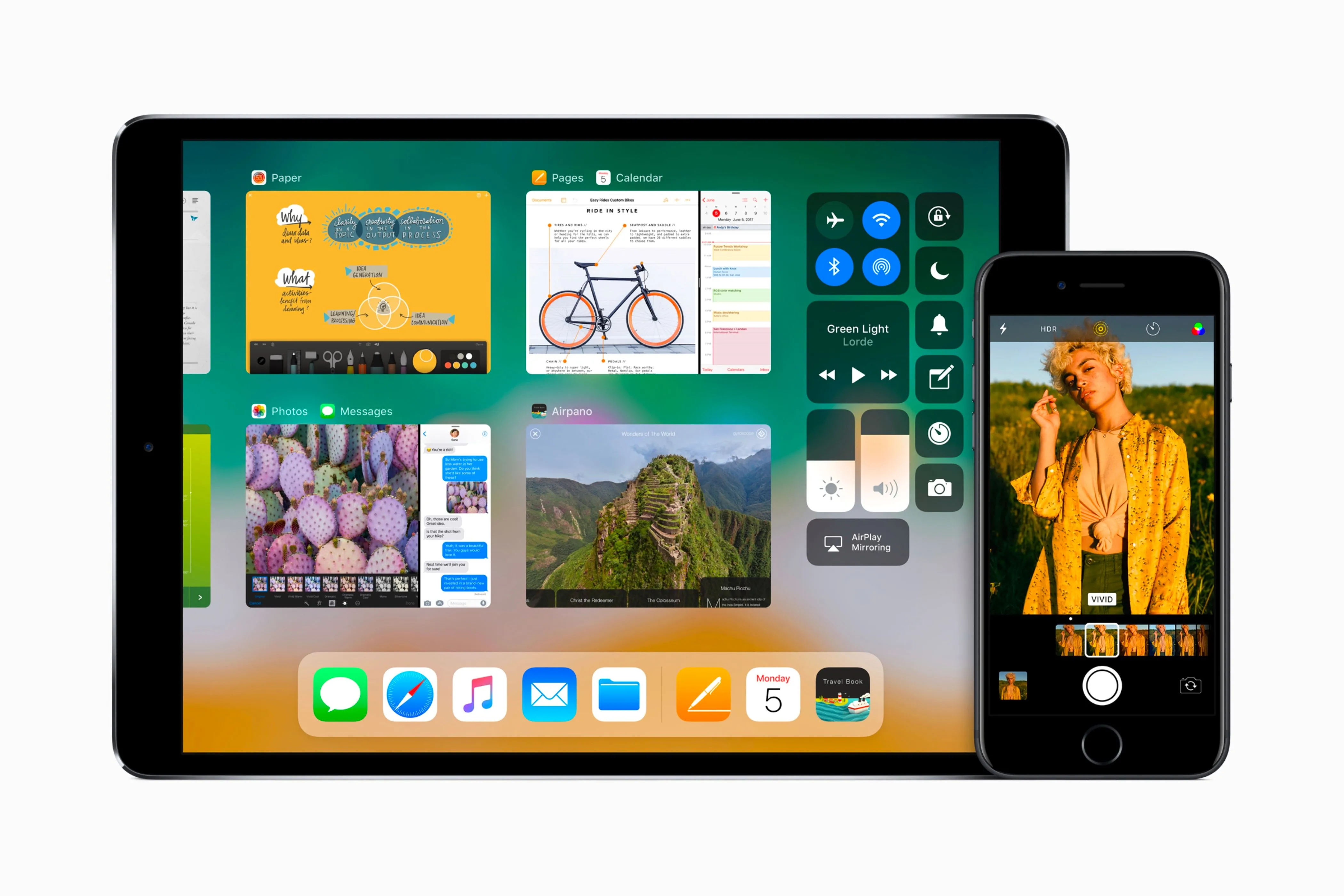 Hệ điều hành iOS 11 hiển thị trên iPad và iPhone, thể hiện các tính năng mới cho iPad