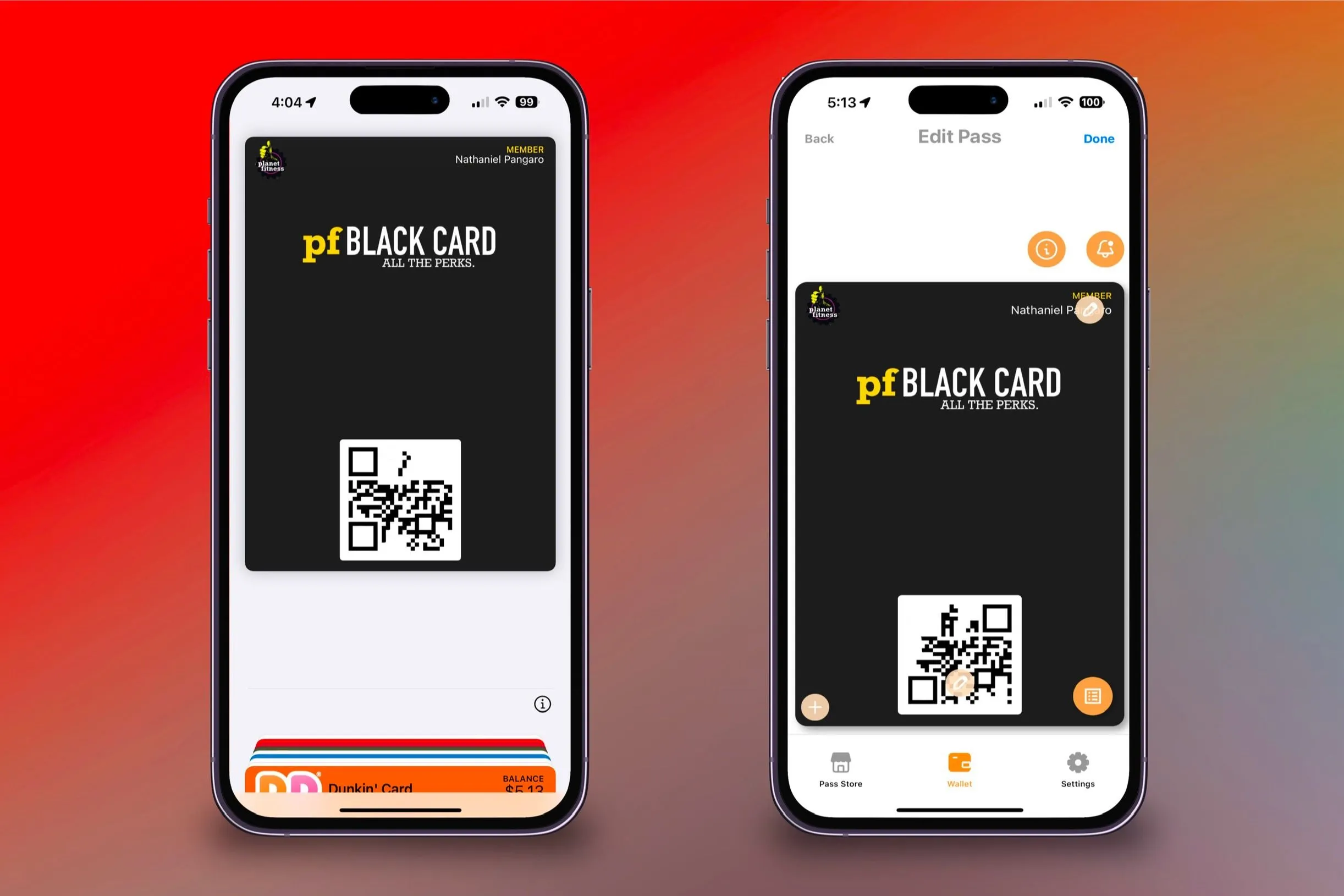 Hiển thị thẻ đã tạo từ Pass2U trong ứng dụng Apple Wallet và khả năng chỉnh sửa thẻ ngay trong ứng dụng gốc trên hai chiếc iPhone, tối ưu trải nghiệm người dùng.
