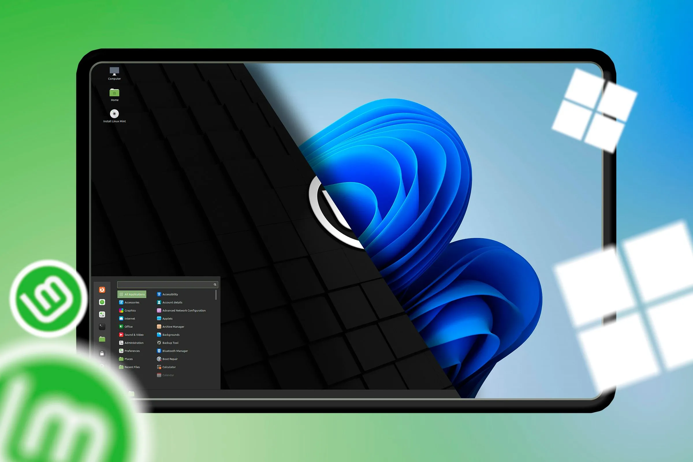 Hình ảnh chia đôi màn hình minh họa giao diện Linux Mint và Windows 11, thể hiện sự khác biệt giữa hai hệ điều hành.