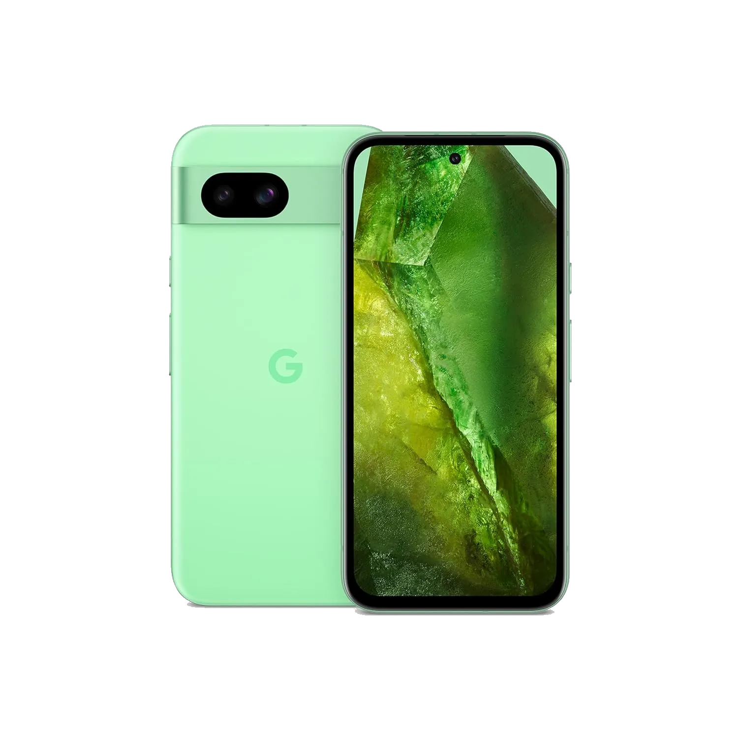 Hình ảnh điện thoại Google Pixel 8a màu xanh ngọc (Aloe) từ góc nhìn phía trước, với giao diện người dùng tối giản, tượng trưng cho điện thoại Android giá rẻ có camera AI thông minh.