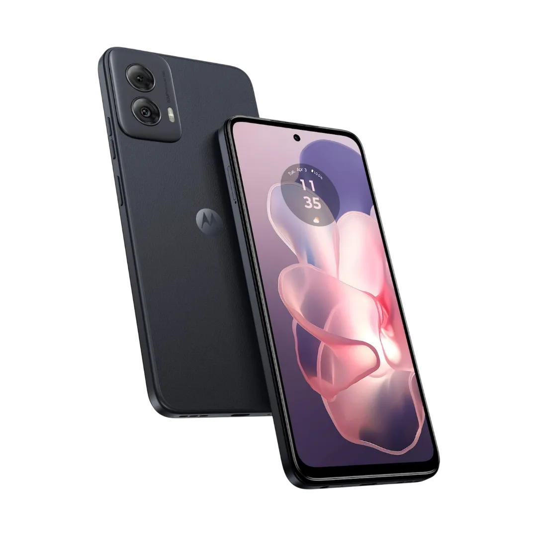 Hình ảnh điện thoại Moto G Power 2024 màu đen từ góc nhìn nghiêng, nhấn mạnh thiết kế hiện đại và mỏng gọn, biểu tượng cho điện thoại Android giá rẻ với thời lượng pin hàng đầu.