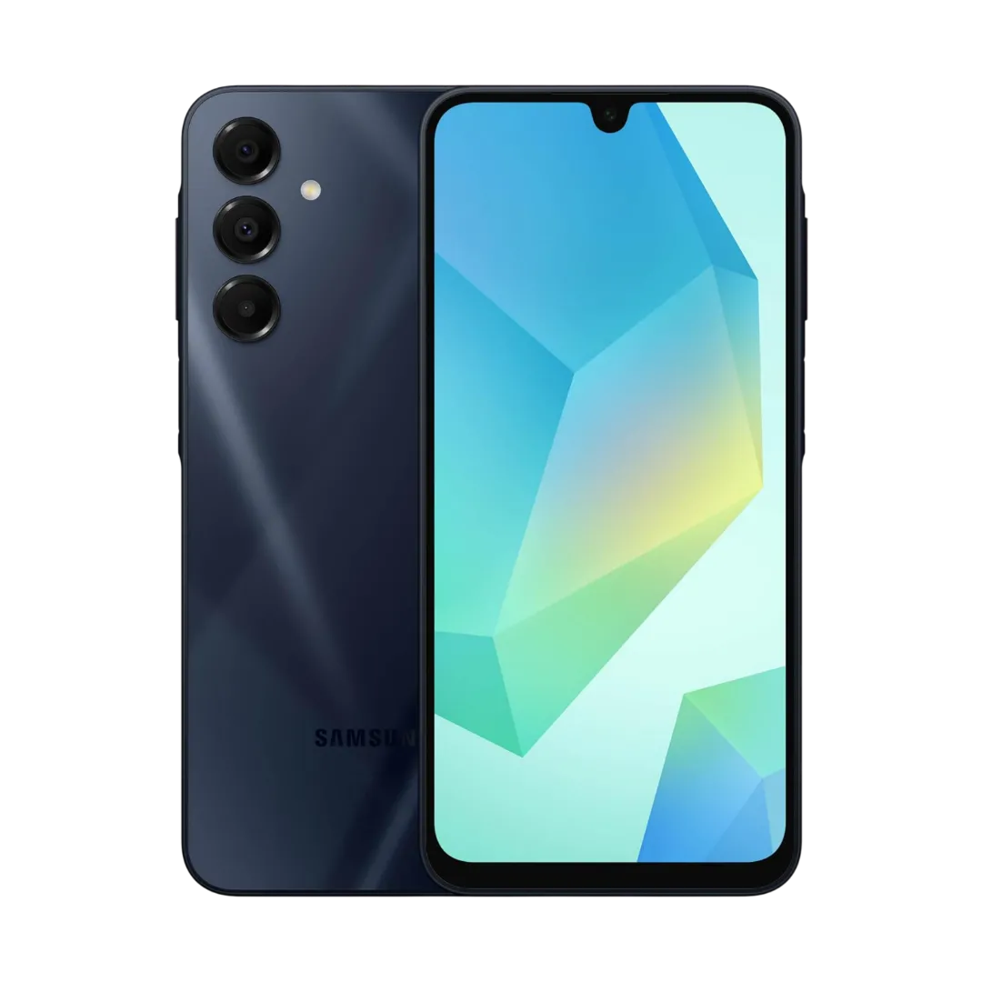 Hình ảnh điện thoại Samsung Galaxy A16 5G màu xanh đậm, góc nhìn trực diện, nổi bật với màn hình lớn và viền mỏng, biểu tượng cho điện thoại Android giá rẻ có thời gian hỗ trợ phần mềm lâu dài.