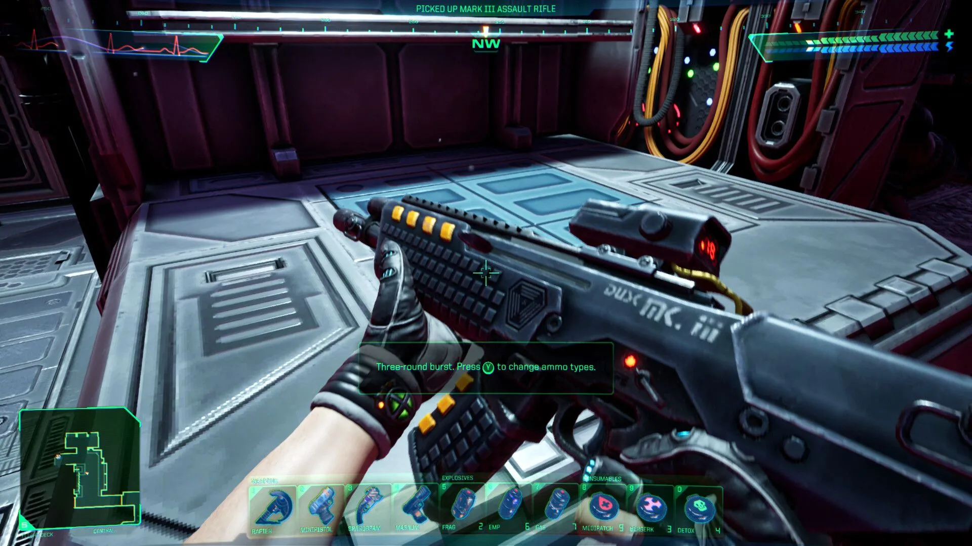 Hình ảnh gameplay của bản làm lại System Shock 2023, một ví dụ điển hình của thể loại Immersive Sim