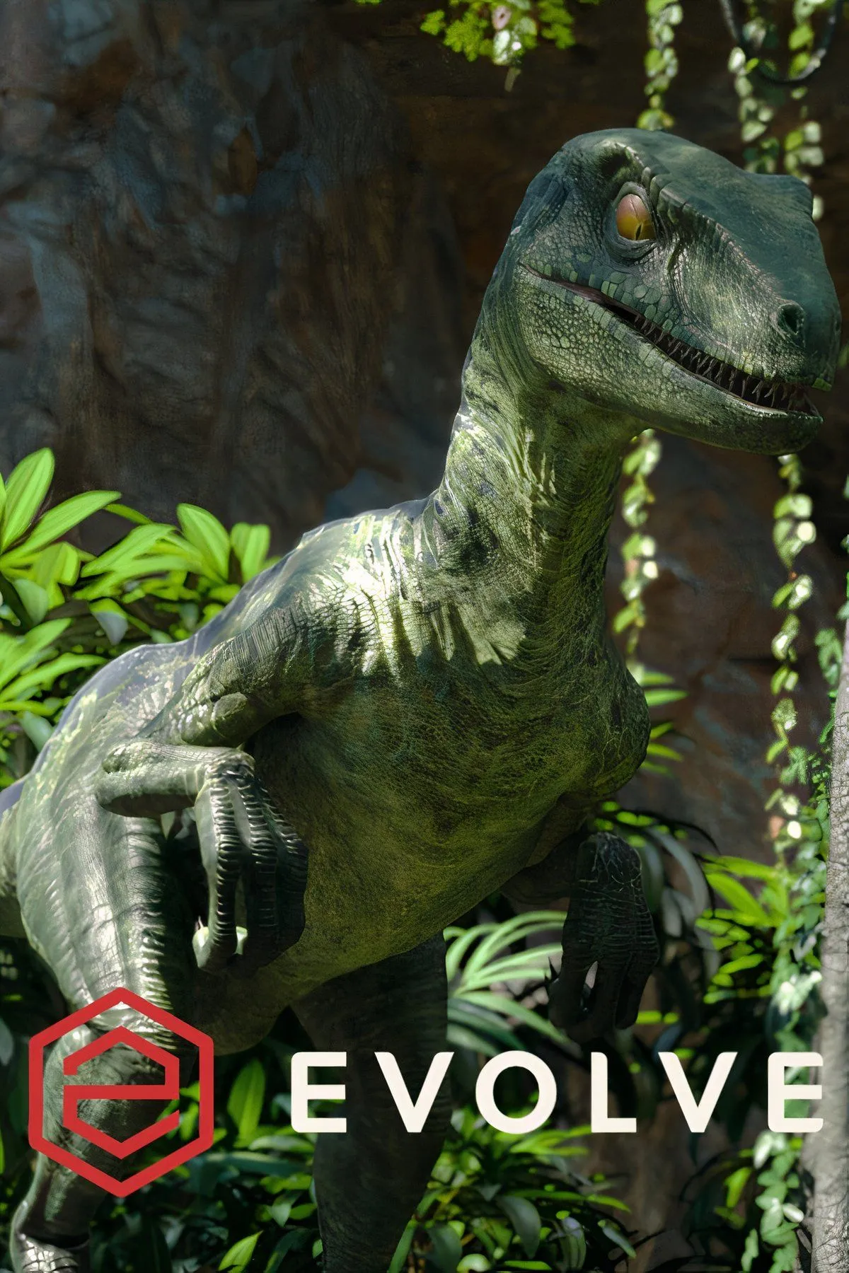 Hình ảnh gameplay game Evolve với bốn thợ săn và một quái vật khổng lồ đối đầu trong môi trường rừng rậm, thể hiện lối chơi độc đáo nhưng thiếu chiều sâu.