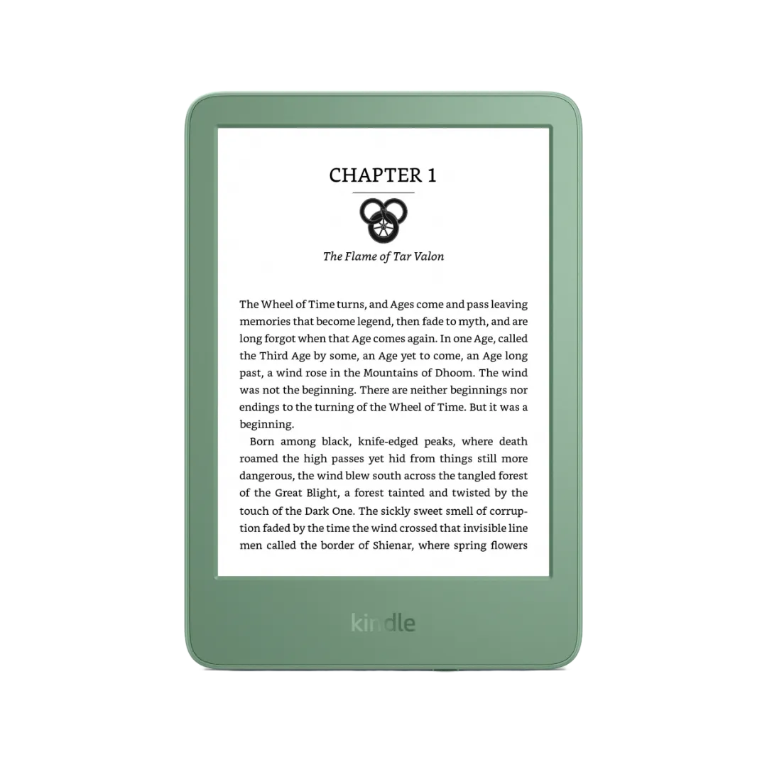 Hình ảnh máy đọc sách điện tử Amazon Kindle 2024 màu đen đặt trên nền trắng, thiết kế mỏng nhẹ.