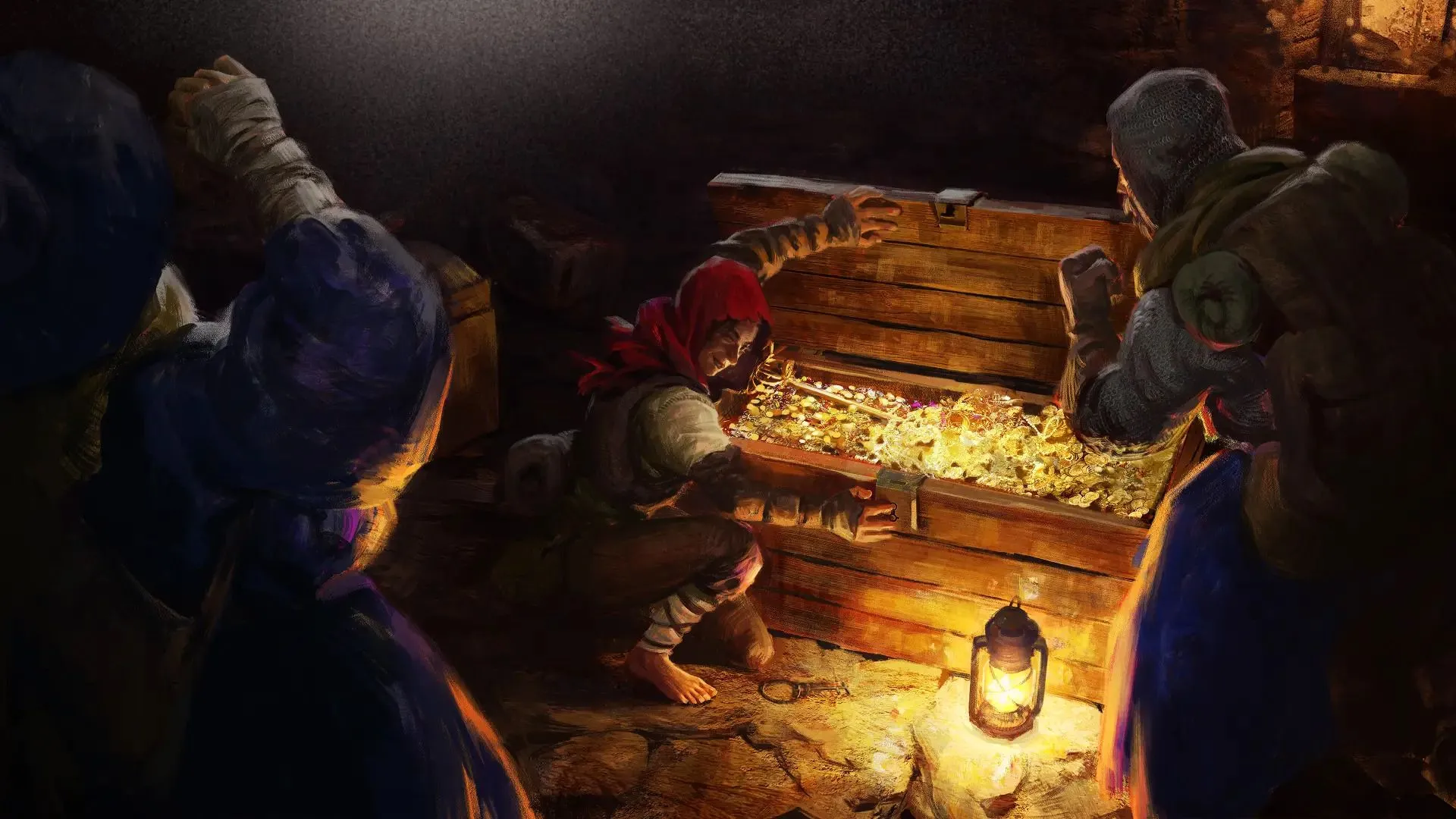 Hình ảnh nghệ thuật từ game Dark and Darker, với một nhân vật chiến binh cầm kiếm trong môi trường tối tăm, biểu thị một game nhập vai hành động giả tưởng