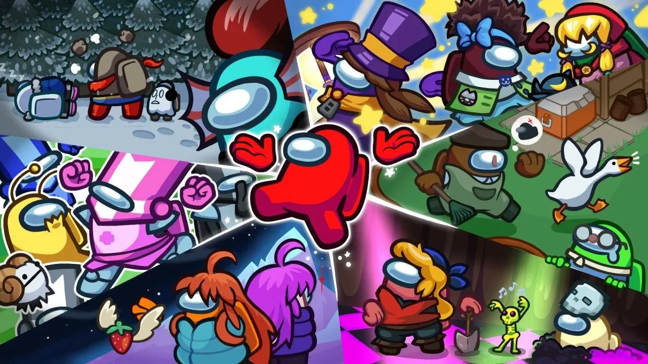 Hình ảnh quảng bá sự kiện crossover với các game indie trong Among Us, cho thấy khả năng thu hút người chơi thông qua hợp tác.