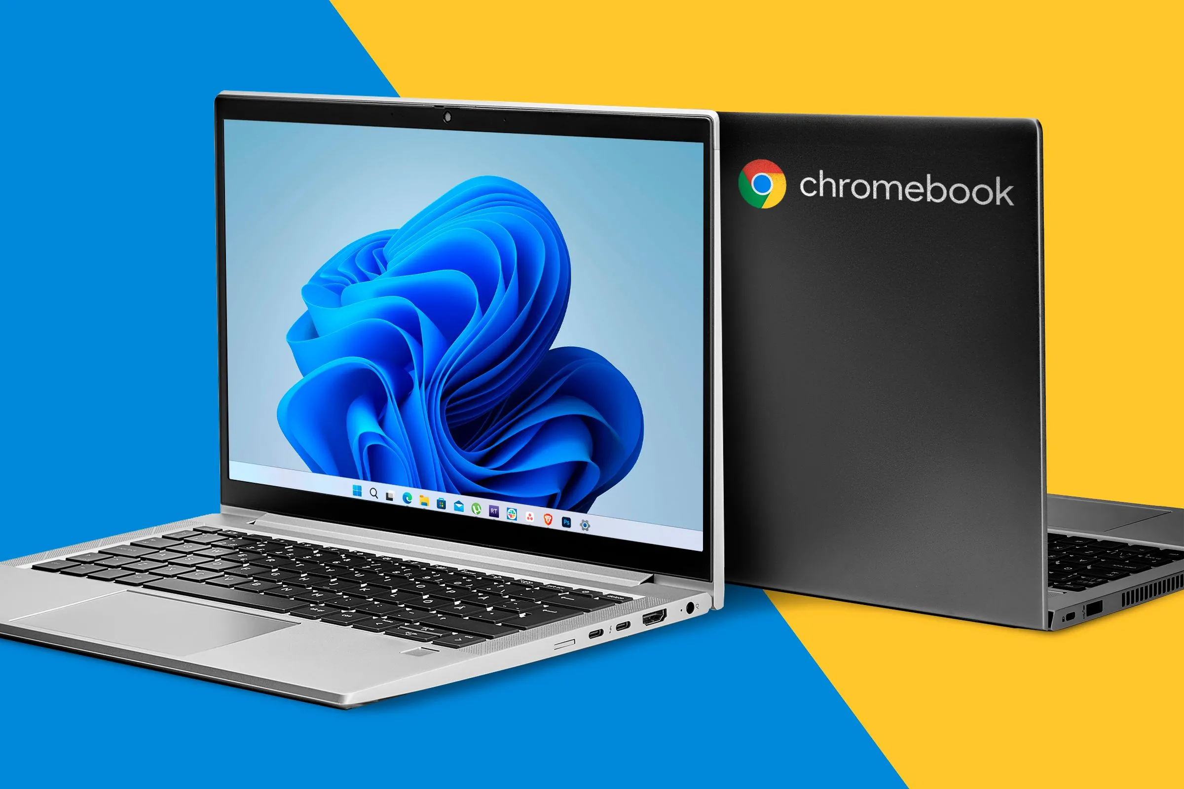 Hình ảnh so sánh kích thước và thiết kế của một chiếc laptop Windows truyền thống bên cạnh một mẫu Chromebook, minh họa sự đa dạng lựa chọn trong thị trường máy tính xách tay.
