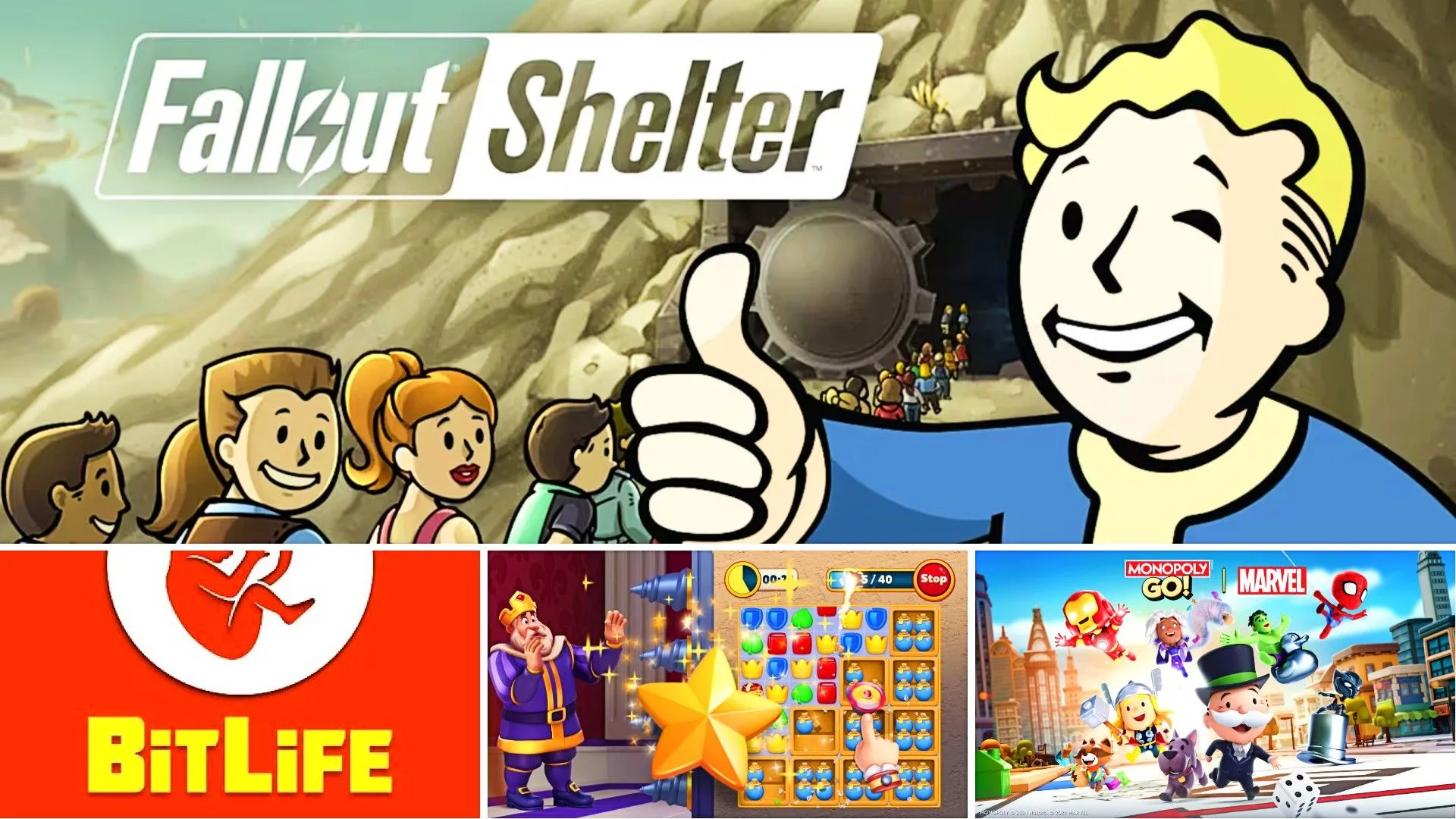 Hình ảnh tổng hợp các biểu tượng từ các game di động phổ biến như Fallout Shelter, BitLife, Royal Match và Monopoly GO, minh họa cho vấn đề chi tiêu microtransaction.