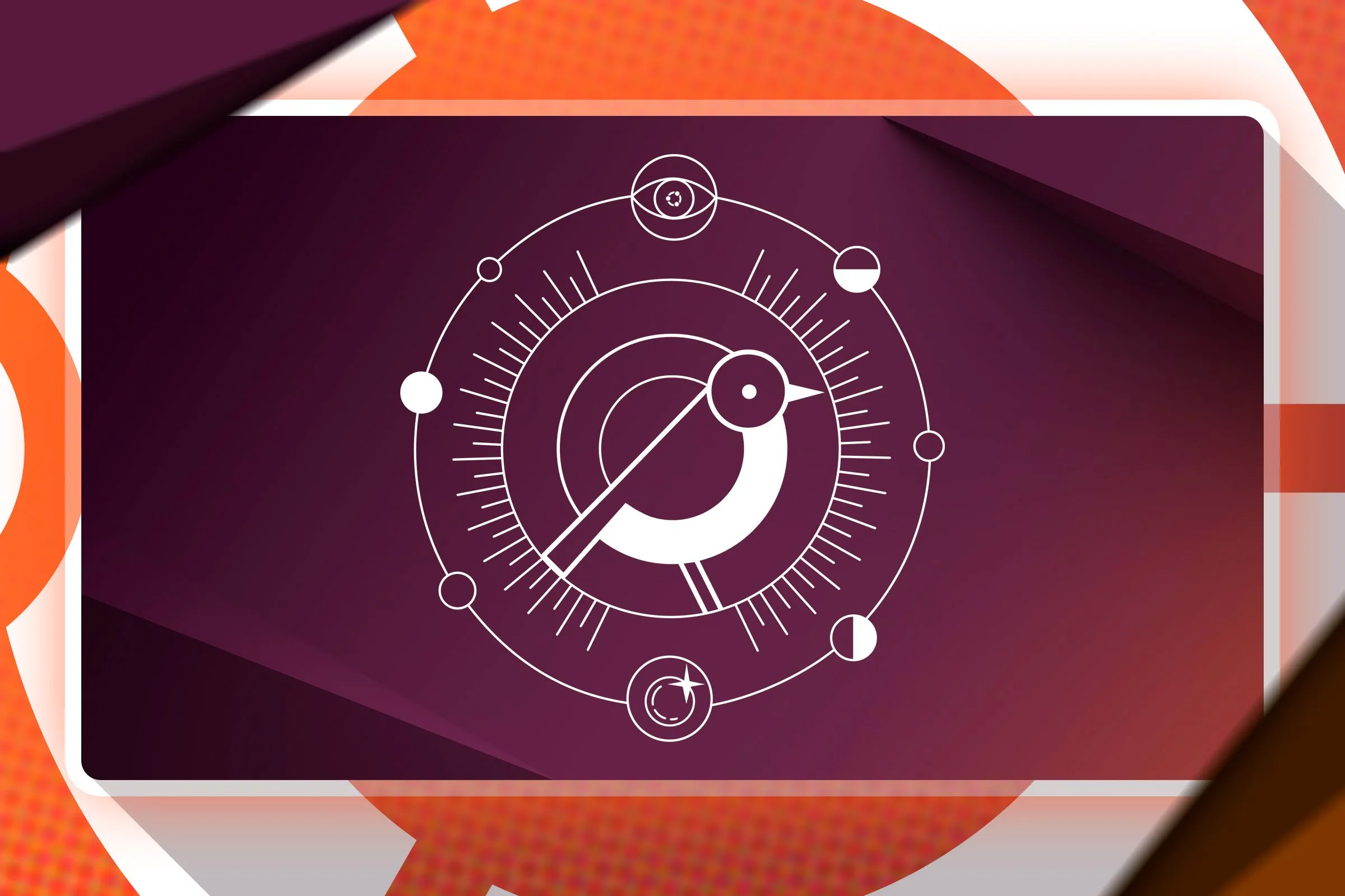 Hình nền Ubuntu 24.10 Oracular Oriole với biểu tượng Ubuntu ở trung tâm, bao quanh bởi hình ảnh trừu tượng