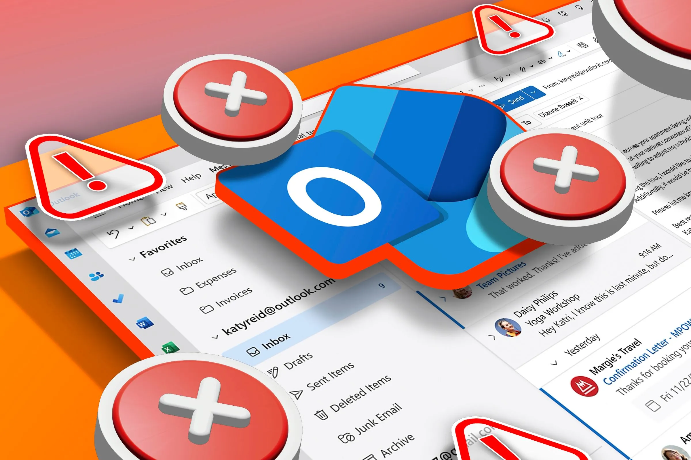 Hộp thư đến Outlook với logo Outlook mới và biểu tượng cảnh báo