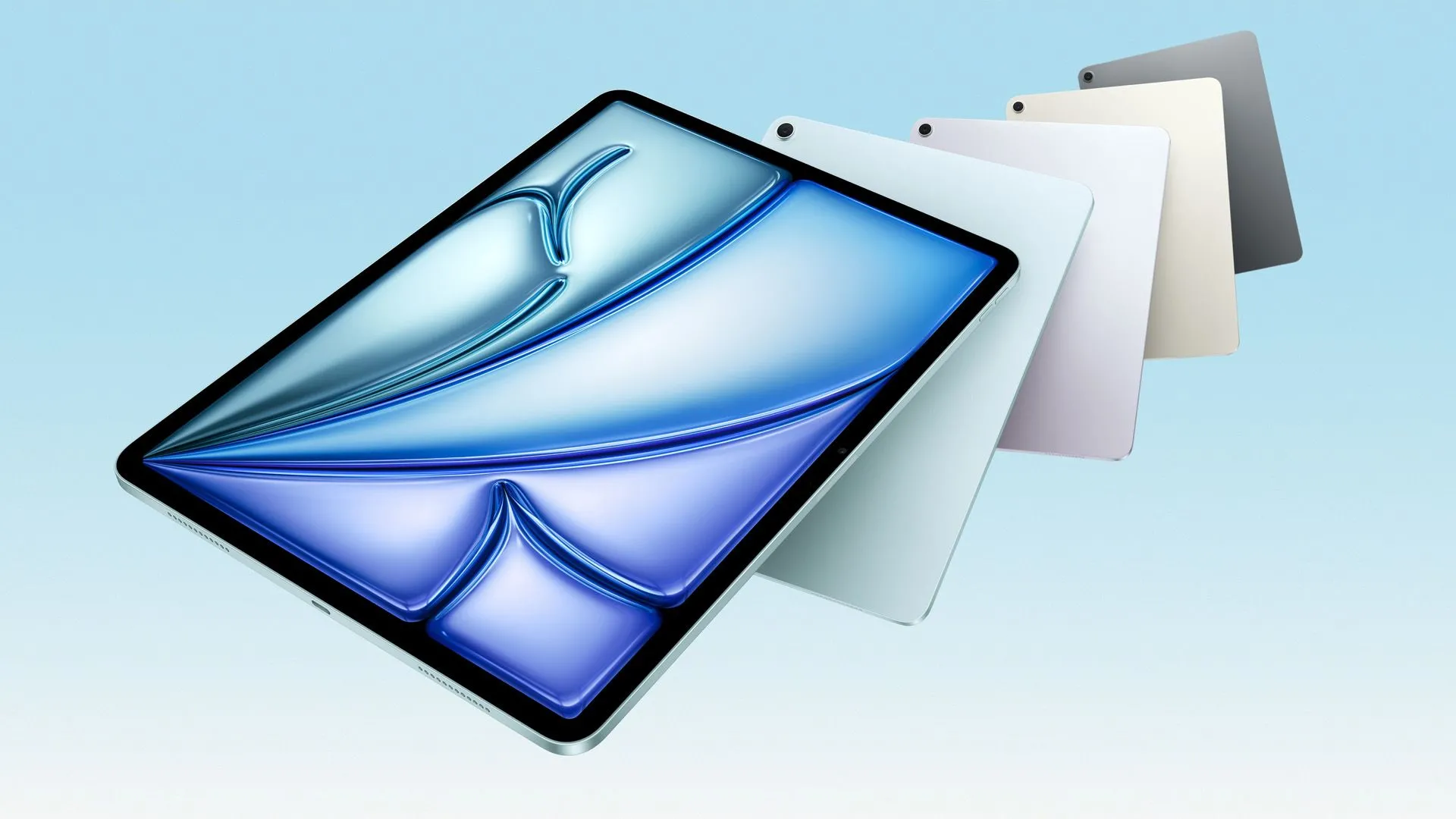 iPad Air màu xanh lam với viền mỏng và camera trước ở cạnh ngang