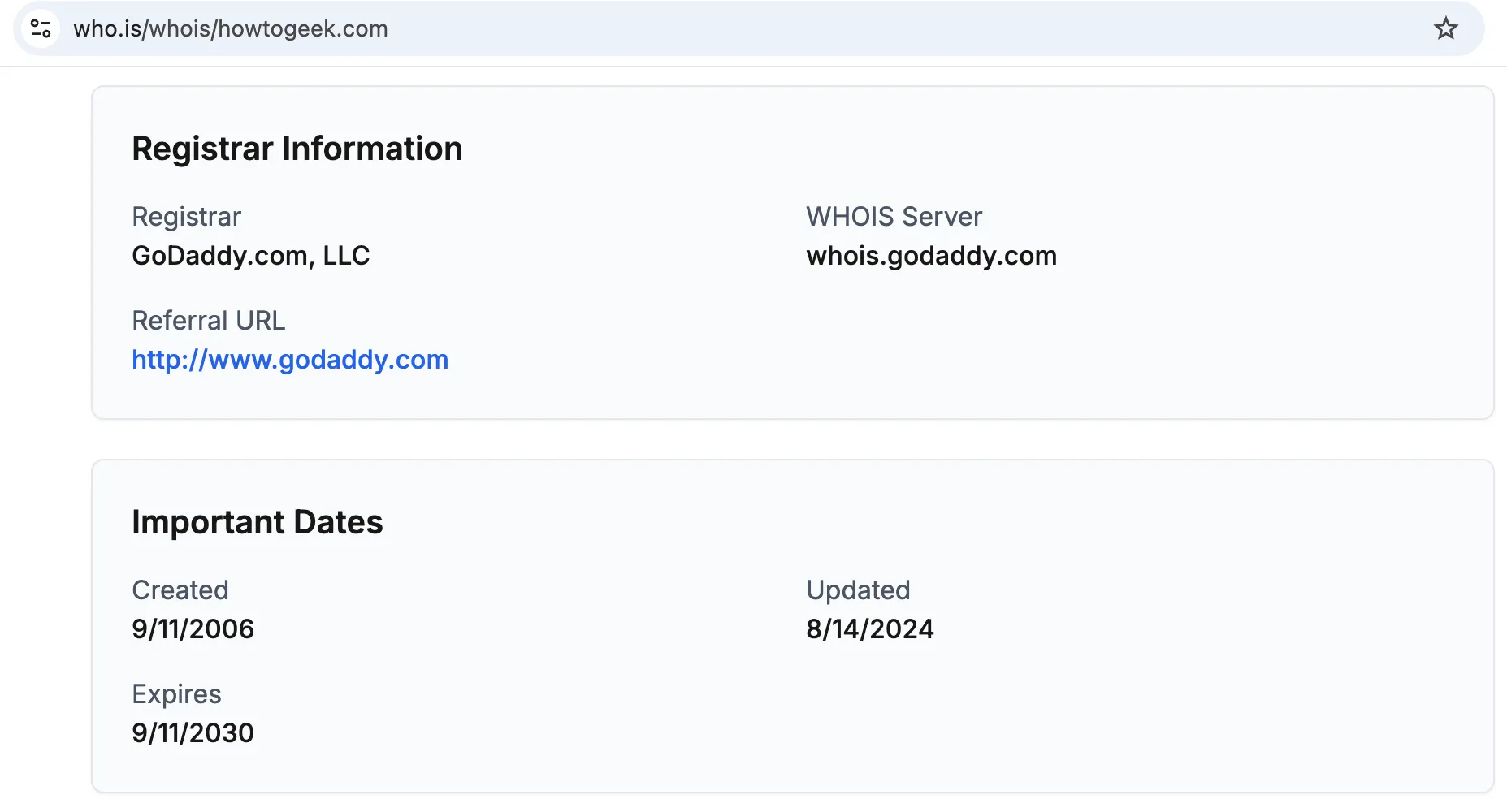 Kết quả tra cứu thông tin tên miền Whois của trang web howtogeek.com