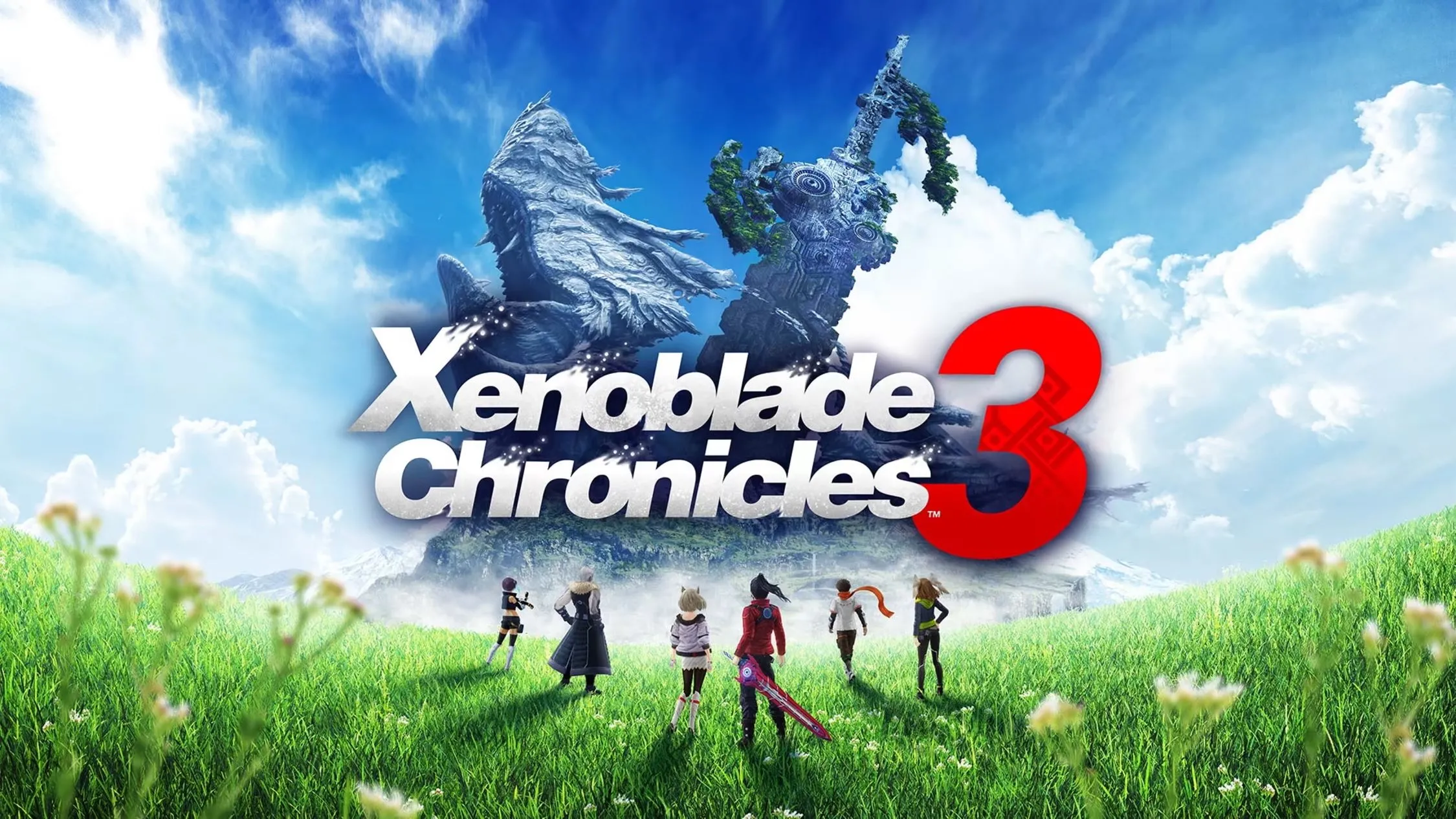 Key art của Xenoblade Chronicles 3 với các nhân vật chính, thể hiện thế giới rộng lớn và đồ họa ấn tượng