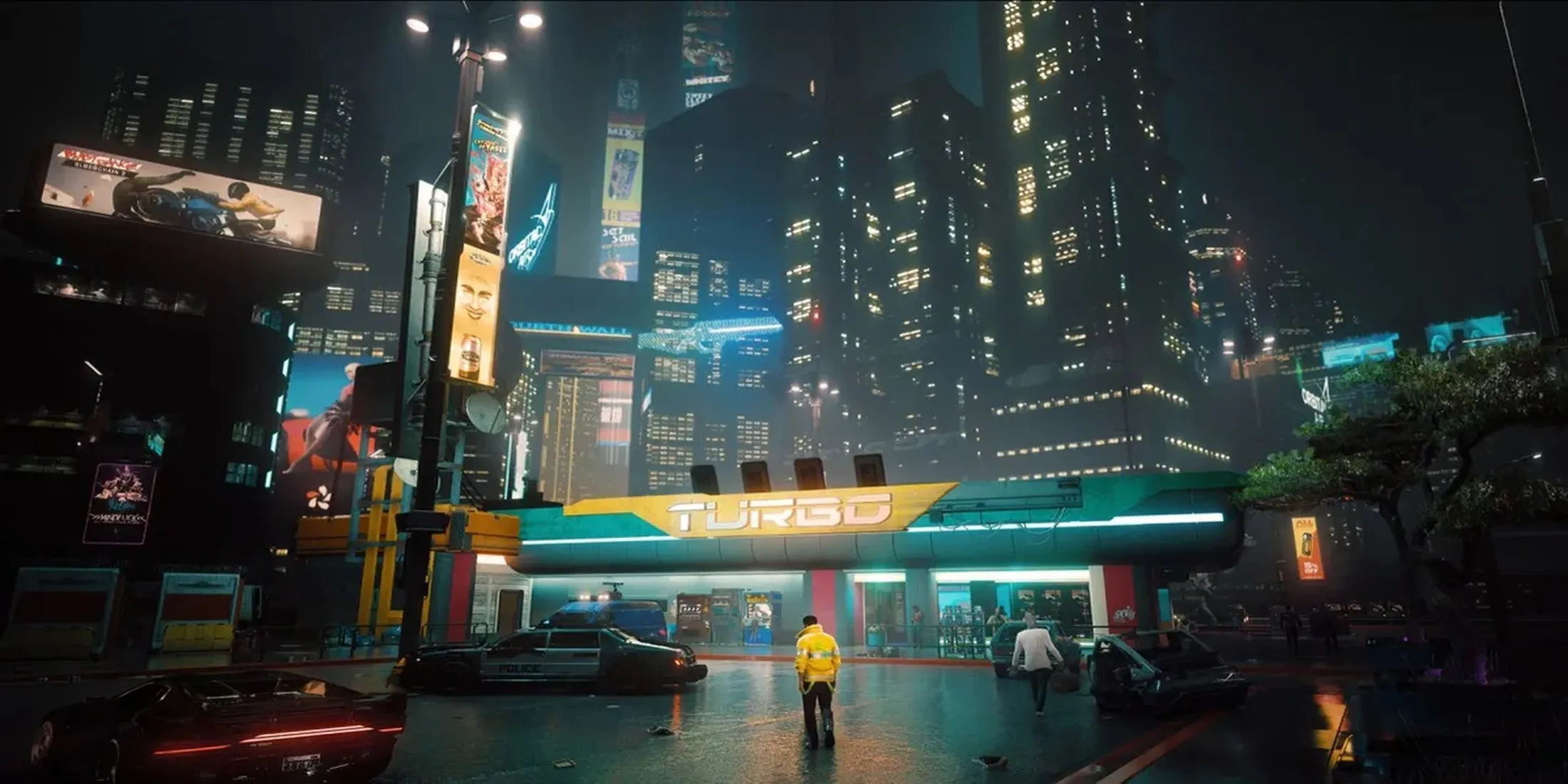 Khung cảnh rộng lớn của Night City vào ban đêm trong Cyberpunk 2077.