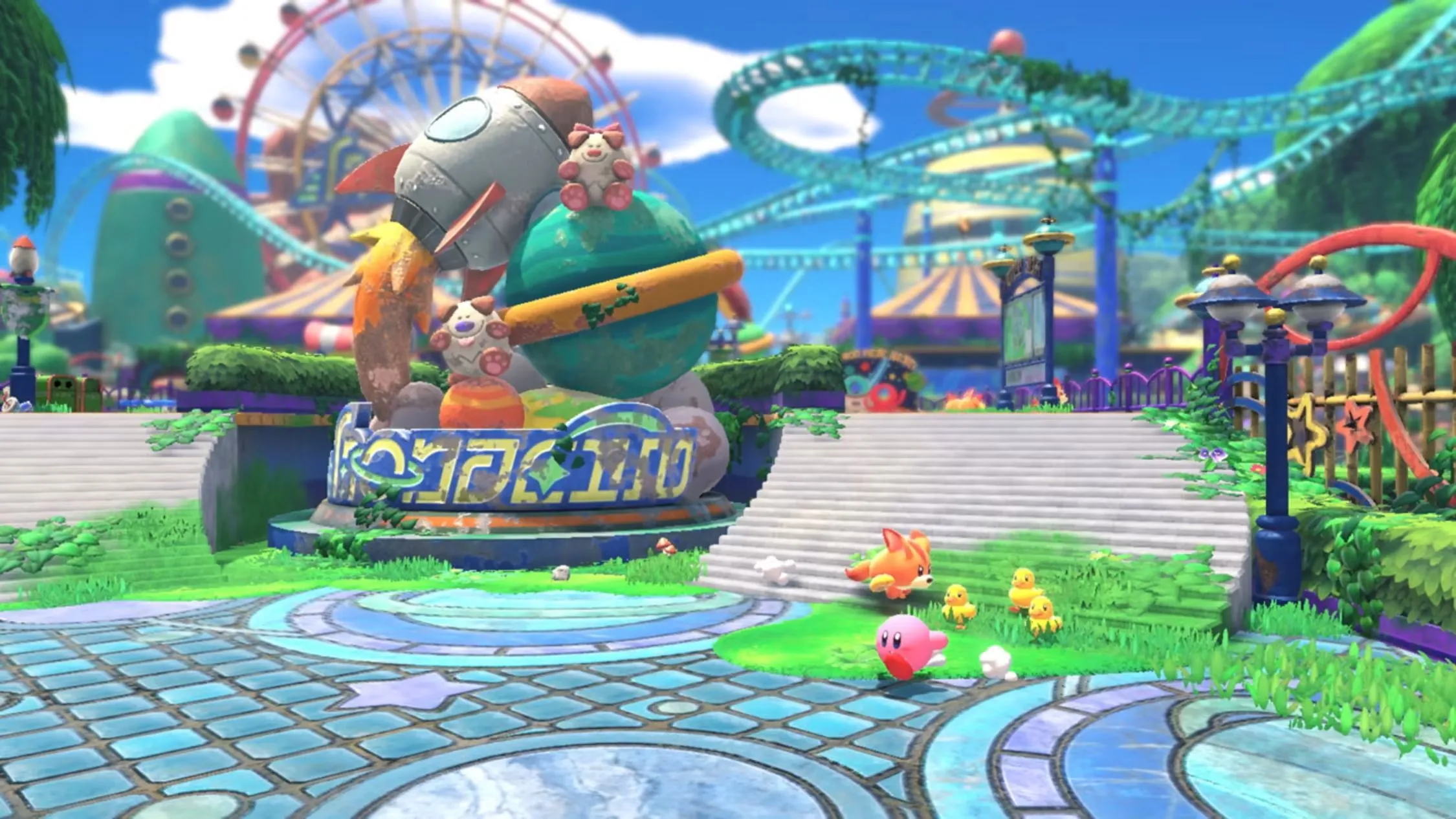 Kirby trong một công viên giải trí bị bỏ hoang, biểu tượng game Kirby 3D với phong cách phiêu lưu