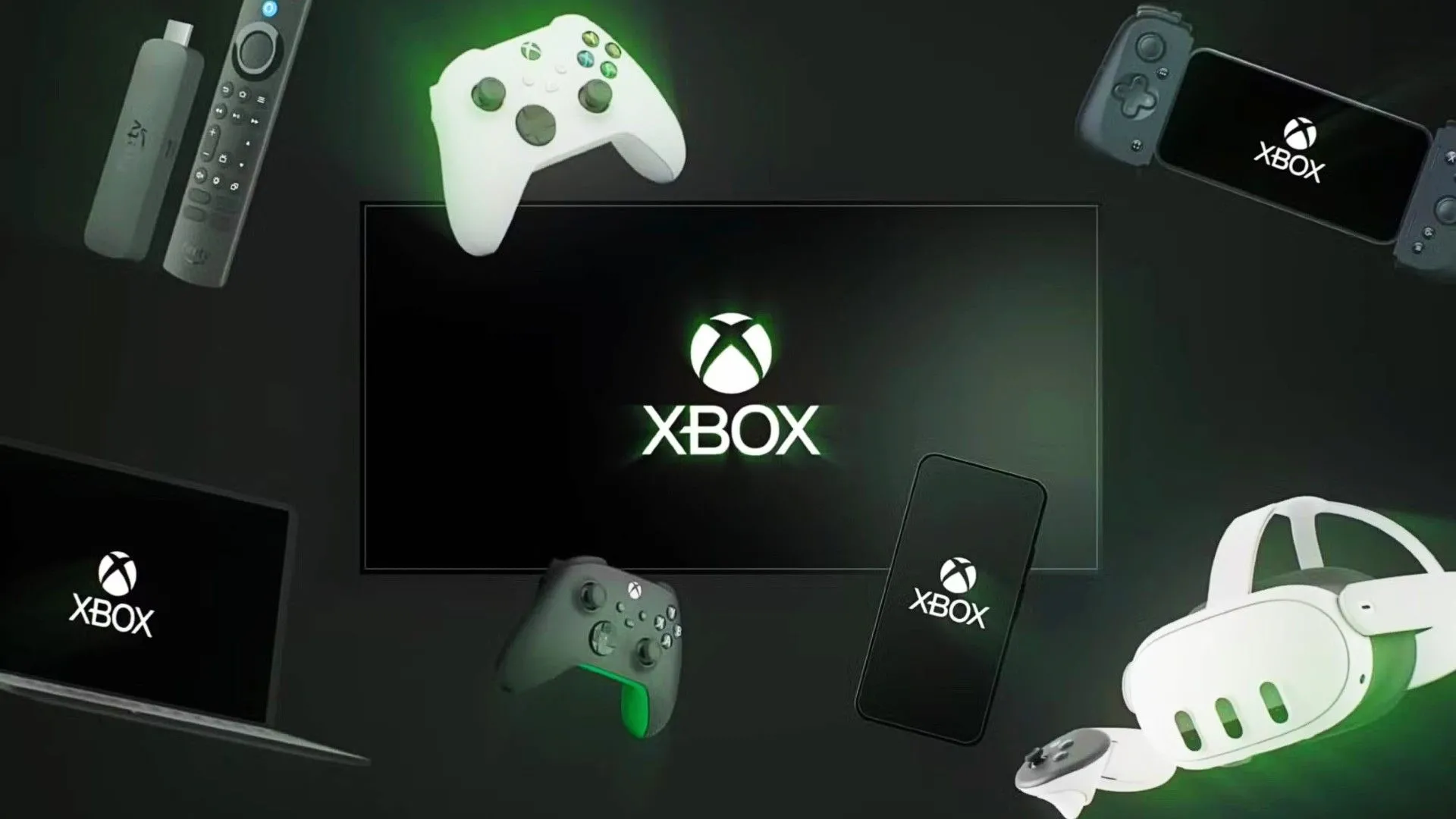 Logo Xbox phát sáng đặt trên nhiều thiết bị và bộ điều khiển Xbox khác nhau, tạo nên một cảnh tượng đa nền tảng