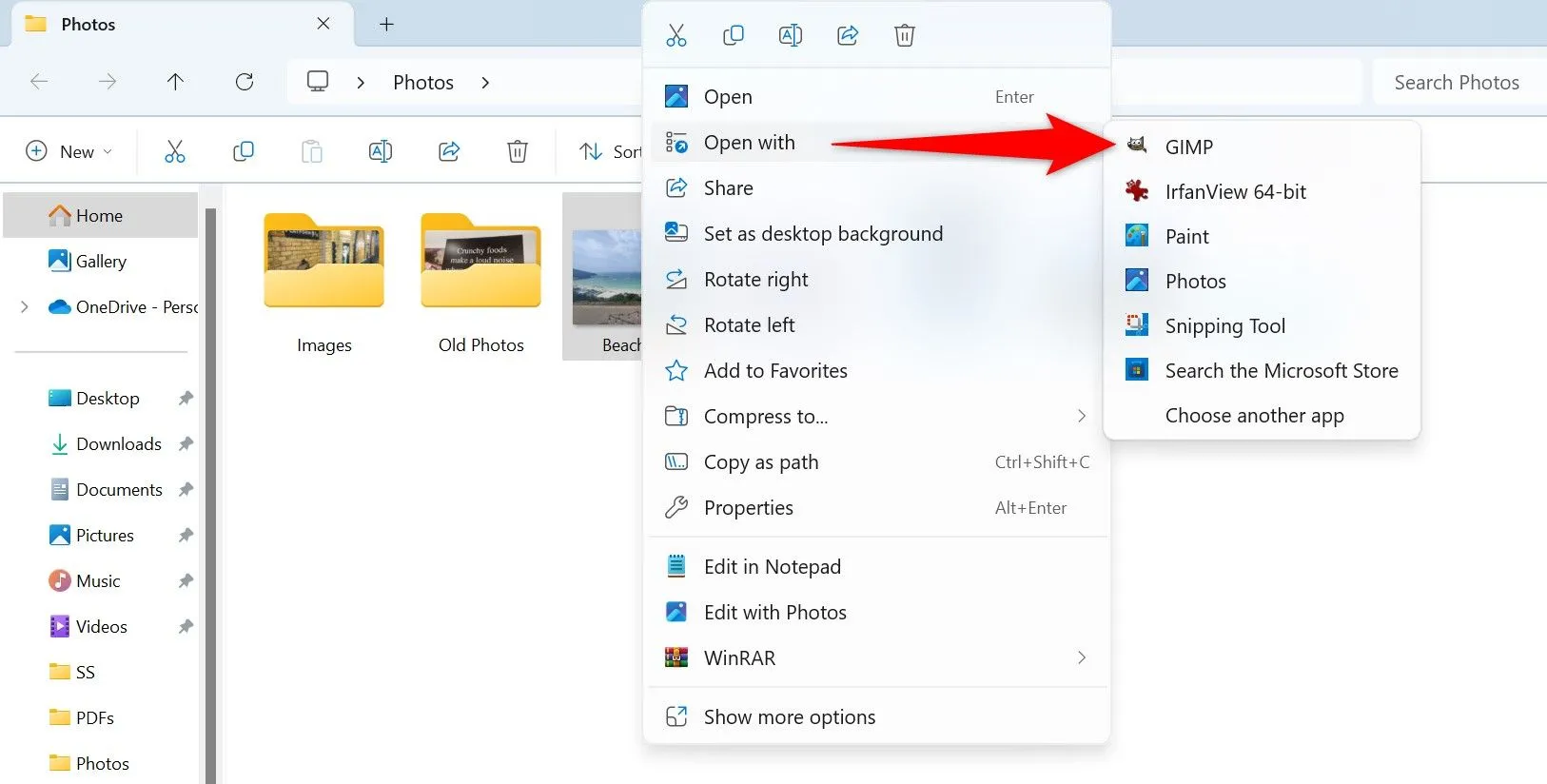 Lựa chọn mở ảnh với GIMP từ menu chuột phải trong File Explorer.