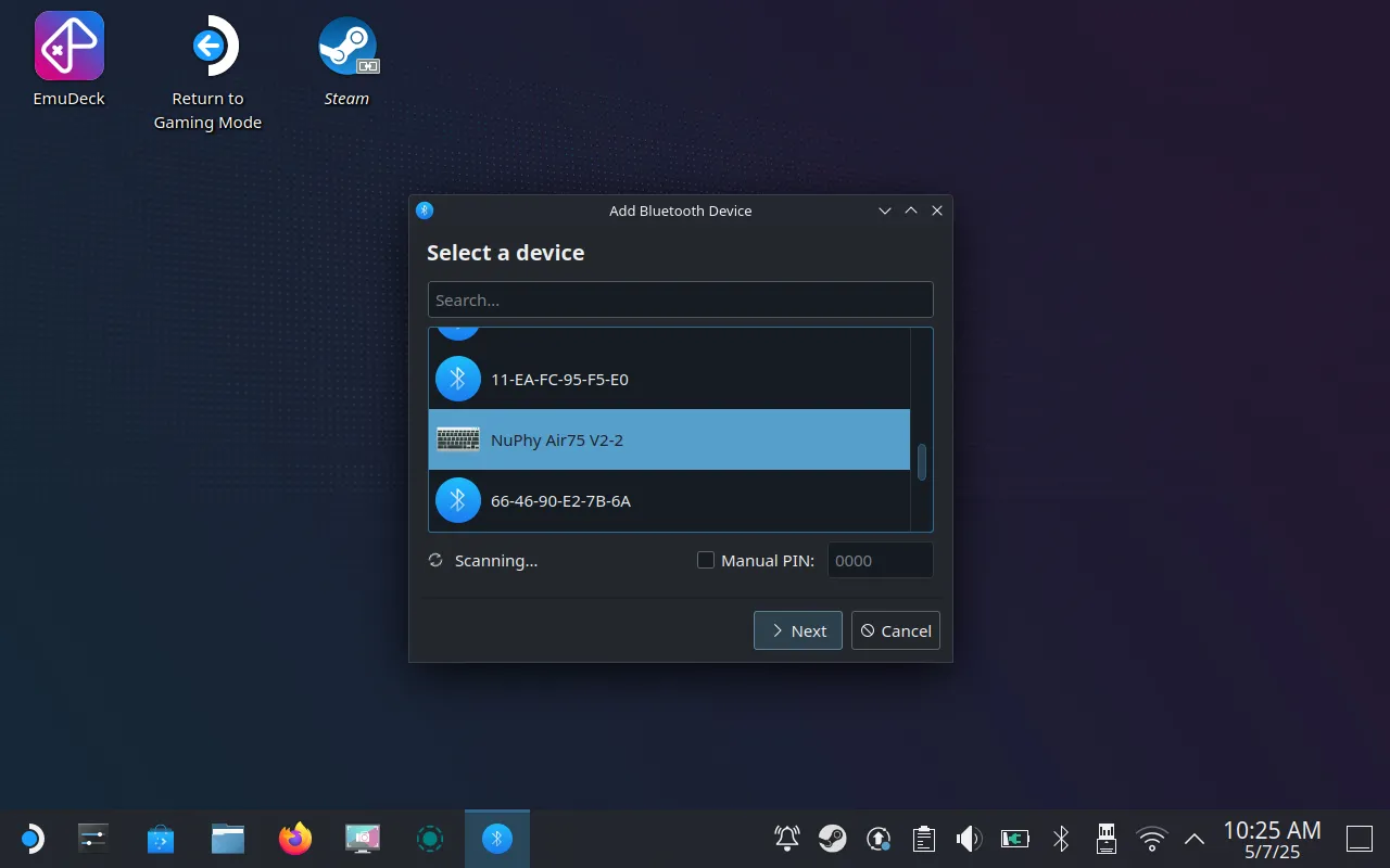 Màn hình cài đặt Bluetooth trên Steam Deck trong Chế độ Desktop, hiển thị quá trình ghép nối bàn phím Bluetooth, giúp nâng cao trải nghiệm gõ phím và nhập liệu.
