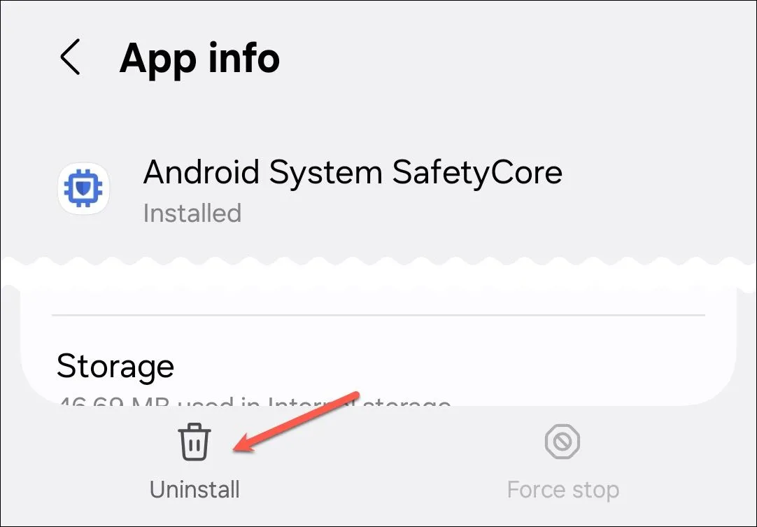 Màn hình cài đặt hệ thống Android hiển thị thông tin ứng dụng Android System SafetyCore.
