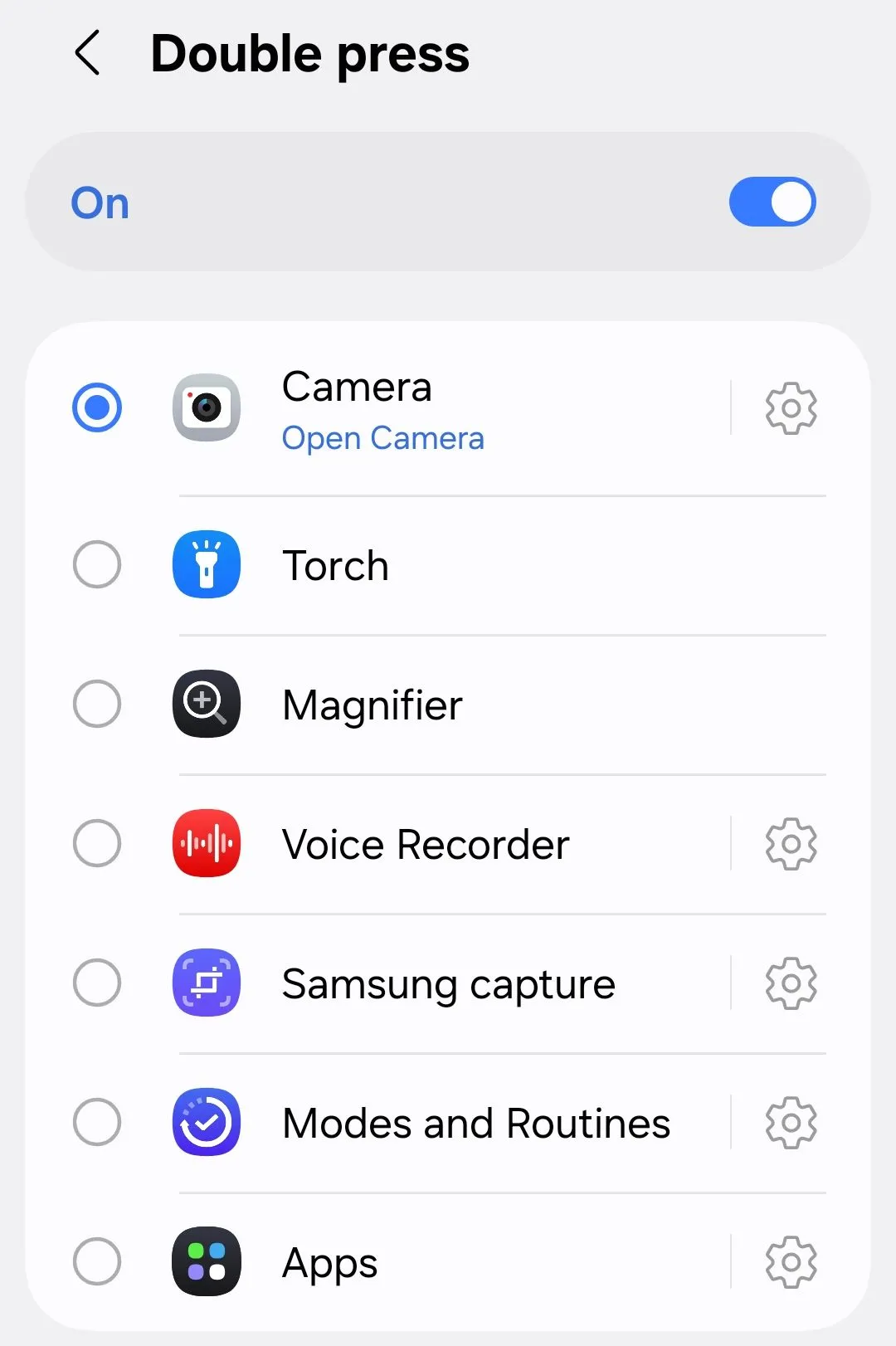 Màn hình cài đặt tùy chọn nhấn đúp cho nút cạnh trên Samsung Galaxy S25 với One UI 7.