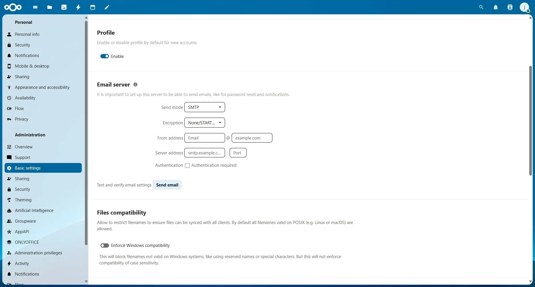 Màn hình cấu hình email trong cài đặt Nextcloud