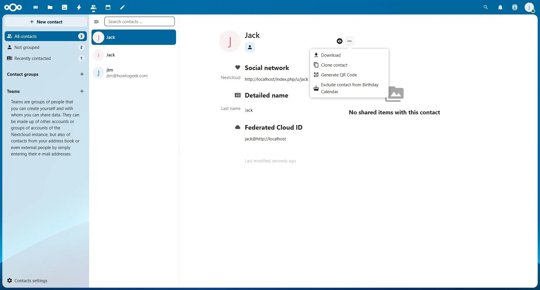 Màn hình chi tiết liên hệ trong ứng dụng Nextcloud Contacts